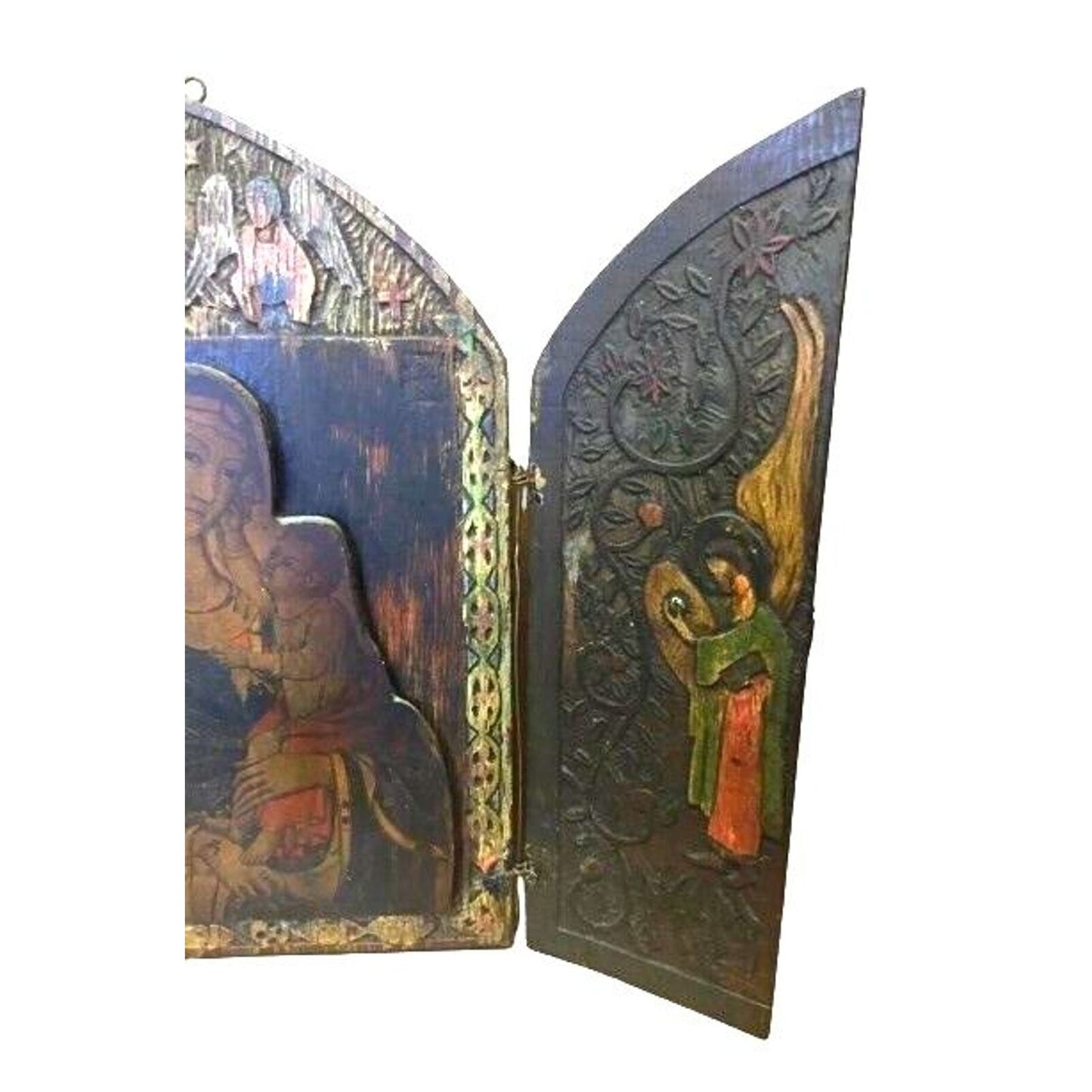 Antique Russian Christian Orthodox Triptych Icon Mother Virgin Madonna Jesus
