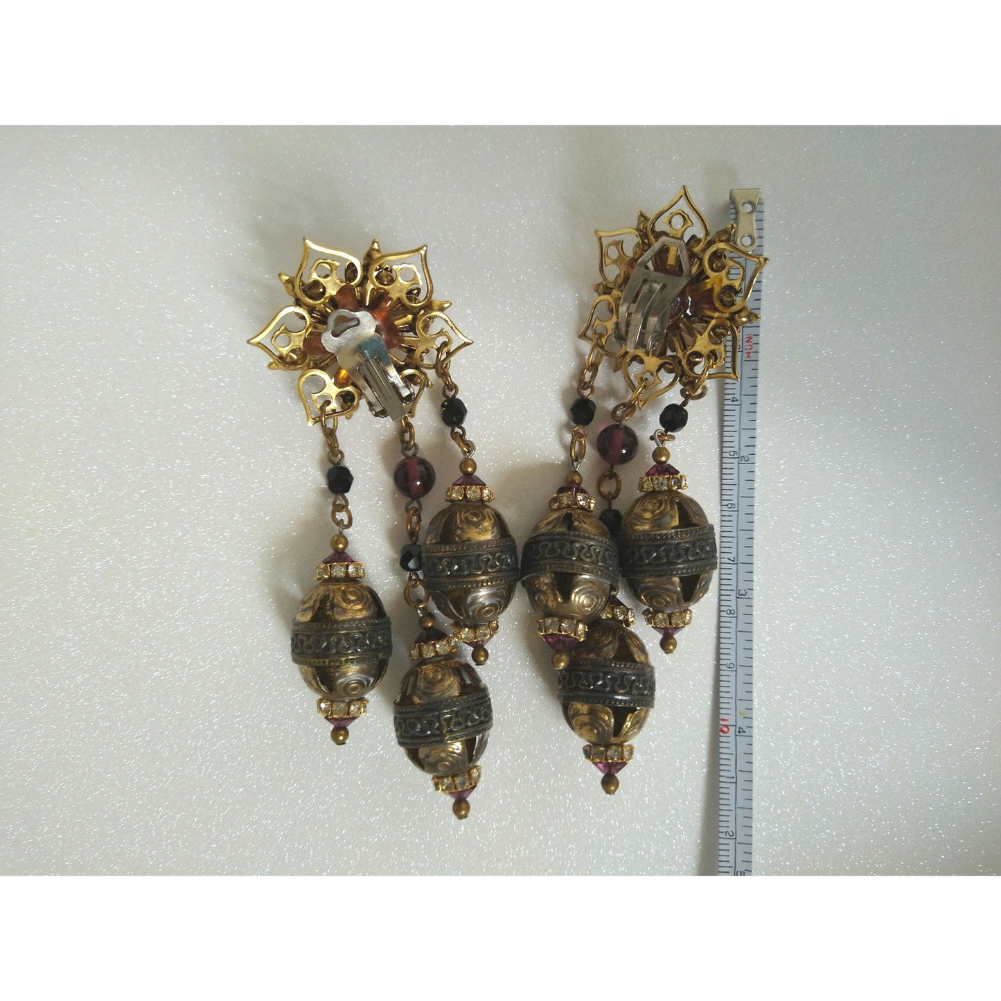 Vintage Ethnic Chandelier Dangle Bells Earrings Clip On Gold Plated Beaded