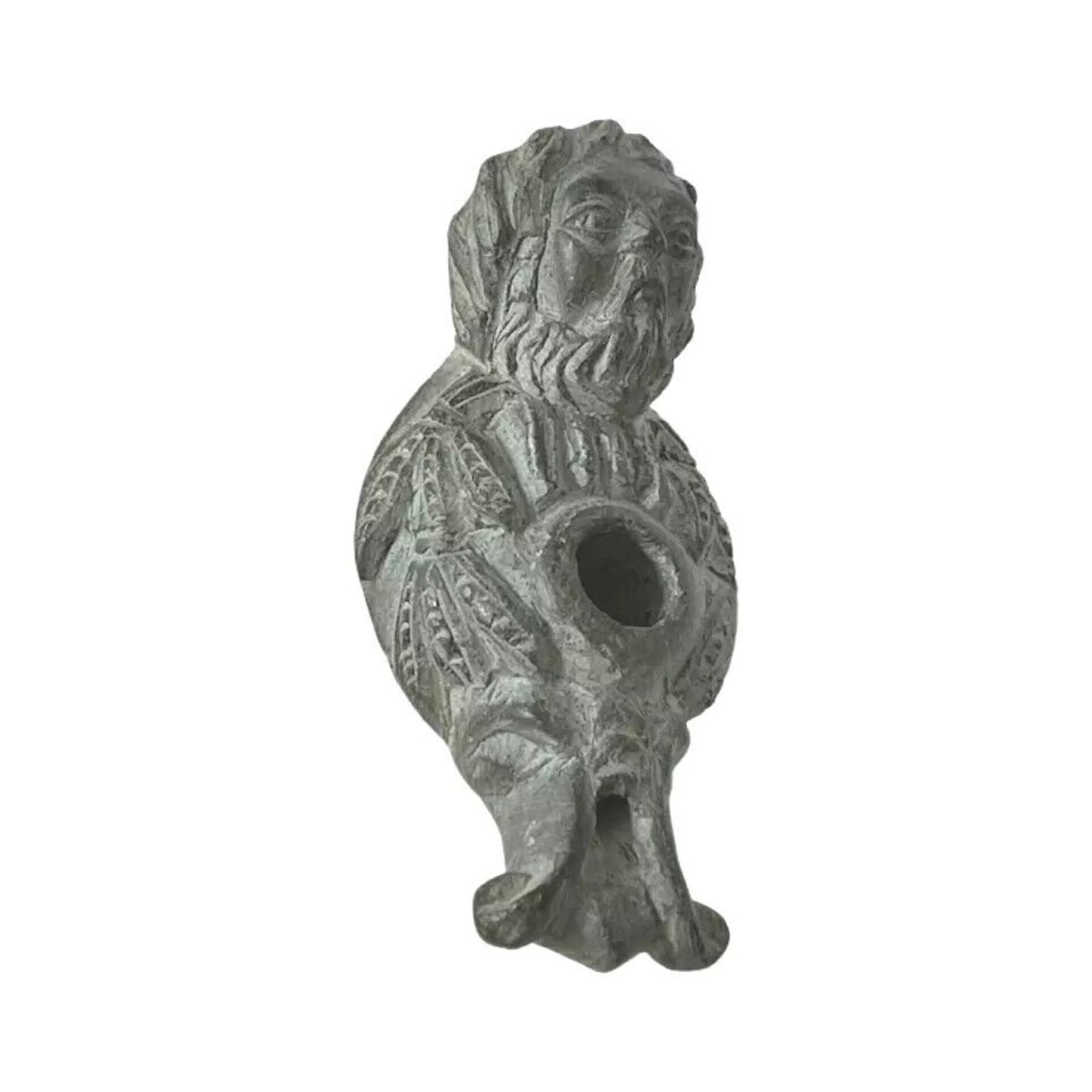 Rare Middle Eastern Oil Lamp Carved Figural Face Black Stone circa 200AD