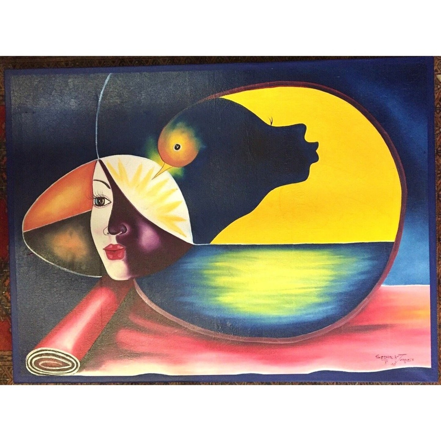 Painting Sandrack Jeans Abstract Romantic Mystical Haitian Oil Canvas Signed