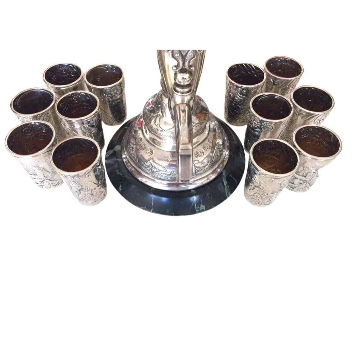 Antique Faberge Wine Horn Form Urn 12 Beakers Set 84 Silver Russian 1890s Set