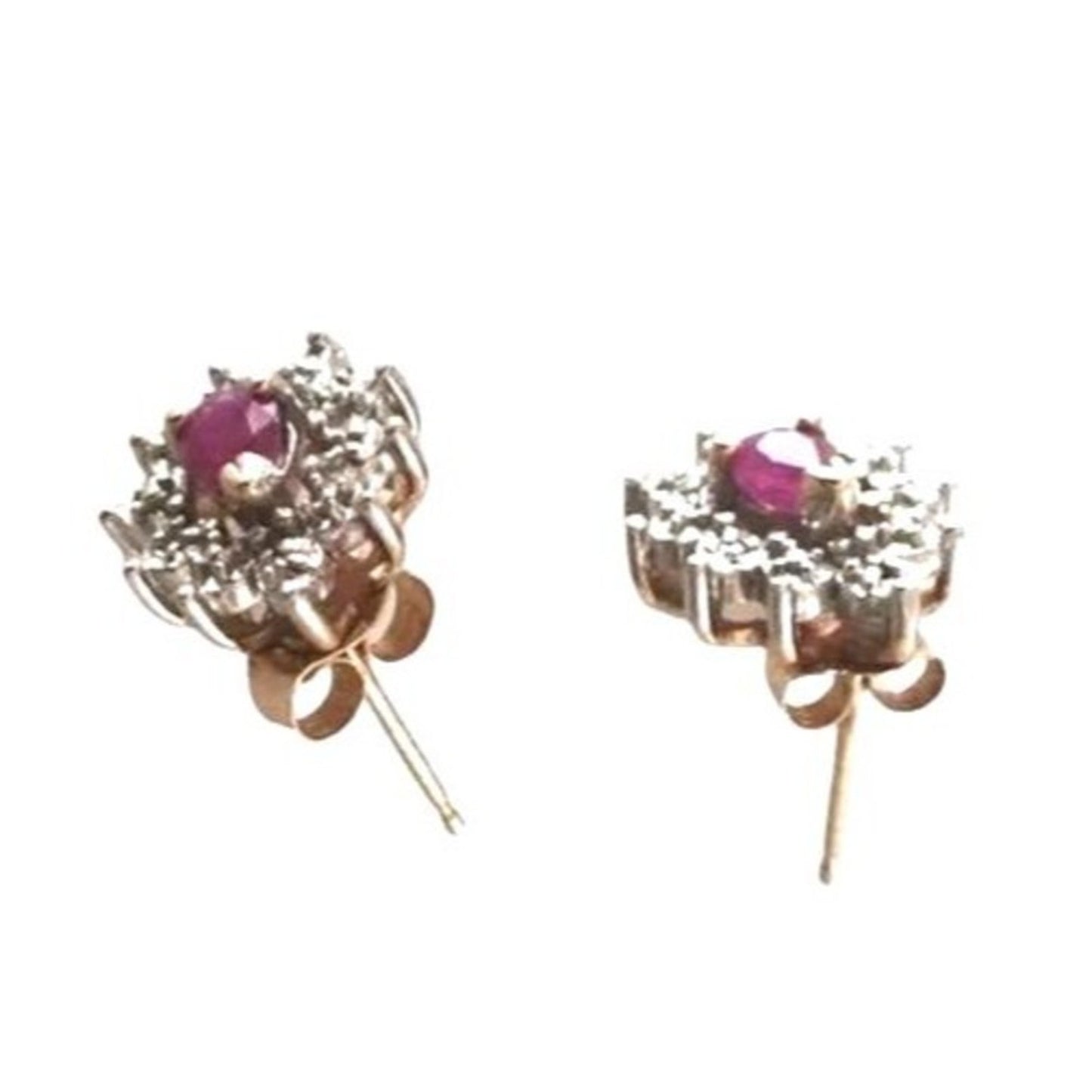 10K White Yellow Gold Genuine Ruby & Diamond Stud Earrings Screw Back Vintage