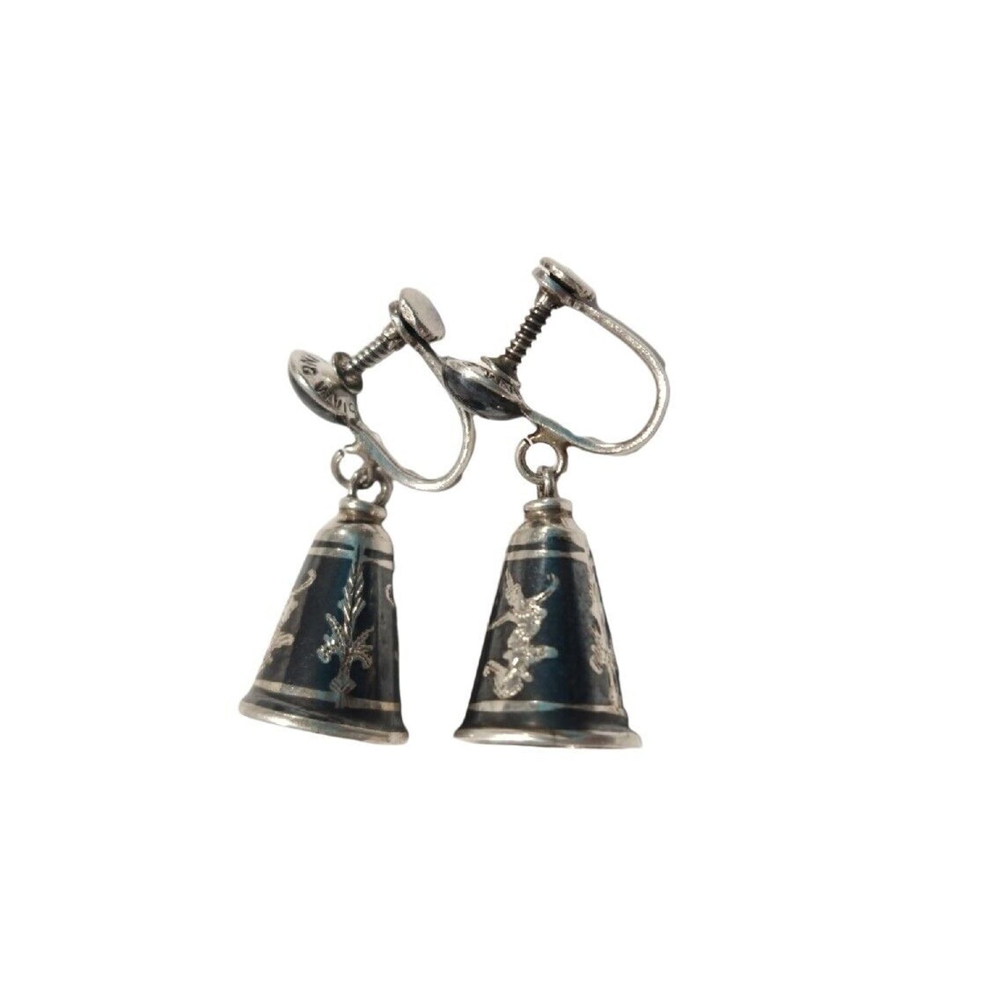 925 Sterling Silver Vintage Siam Niello Hindu Goddess Bell Screw Back Earrings