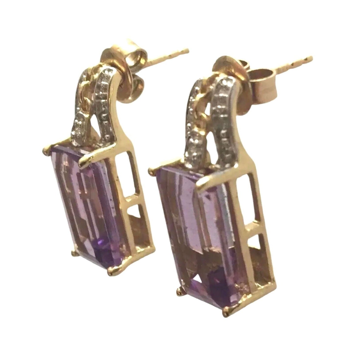 Vintage Emerald Cut Amethyst & Diamond Stud Earrings 10k Solid Yellow Gold