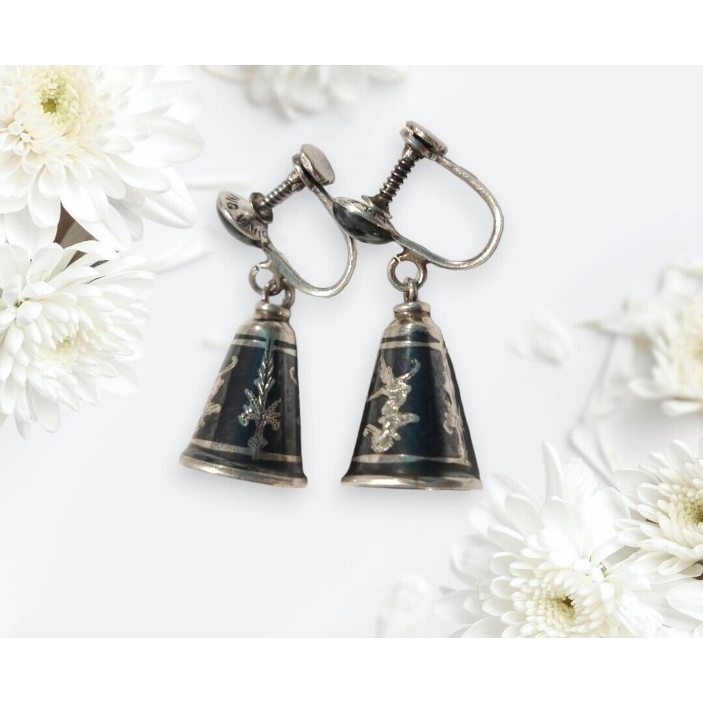 925 Sterling Silver Vintage Siam Niello Hindu Goddess Bell Screw Back Earrings
