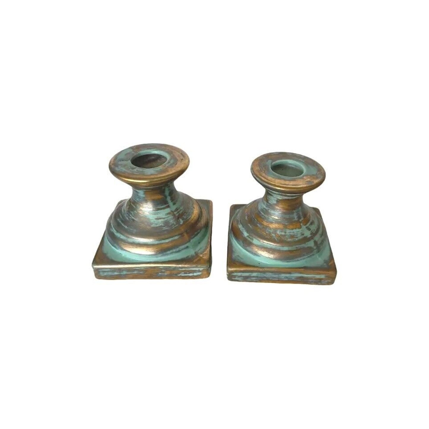 Set of 2 Vintage Square Small Ceramics Bisque Candlesticks Candleholders Green