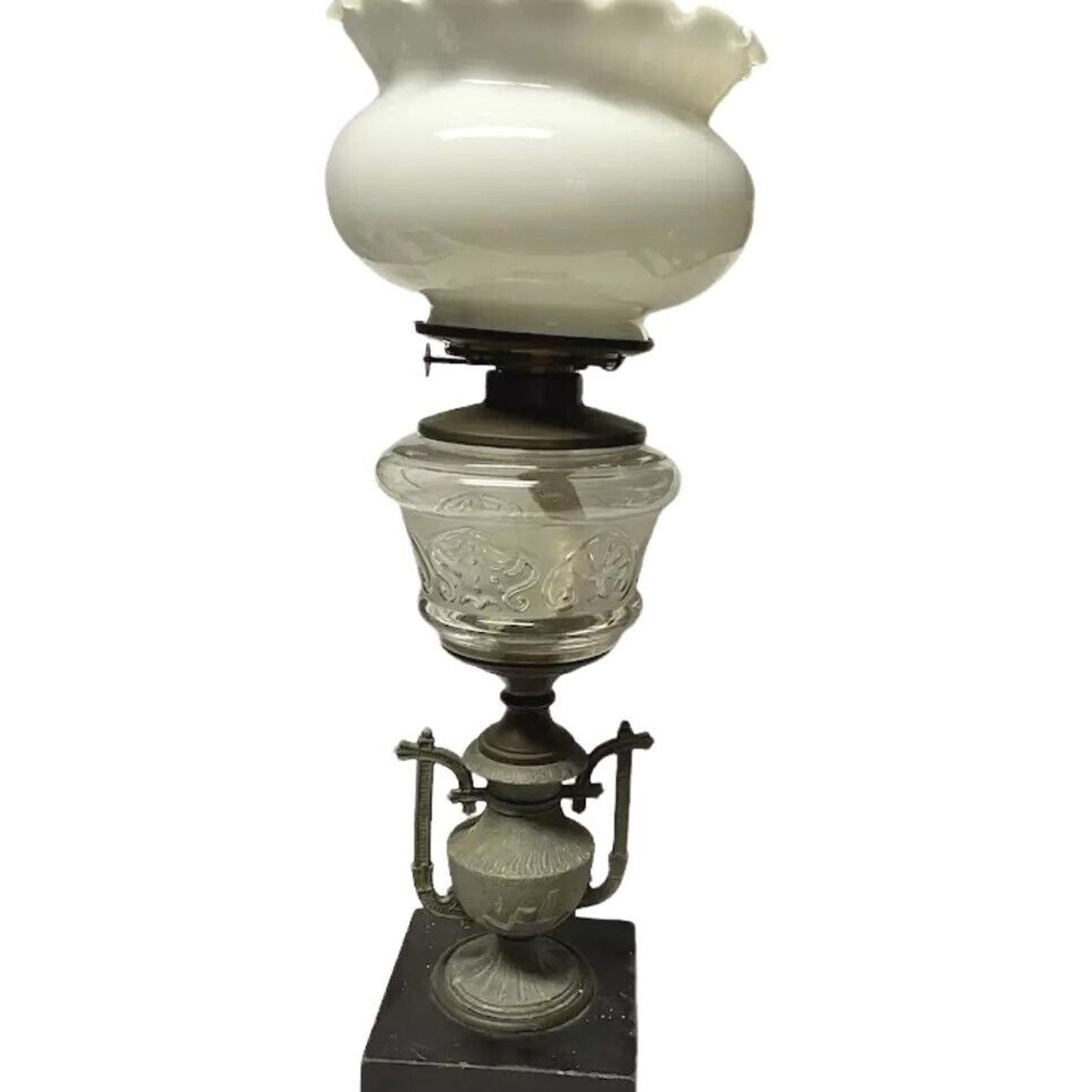 Antique Old Kerosene Oil Table Lamp Milk Glass Etched Glass
