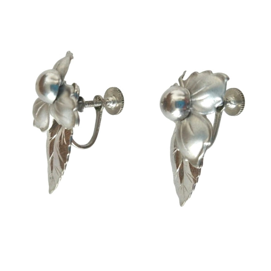 Vintage Flower & Leaf Metallic Silver Tone Stud Earrings Screw Back