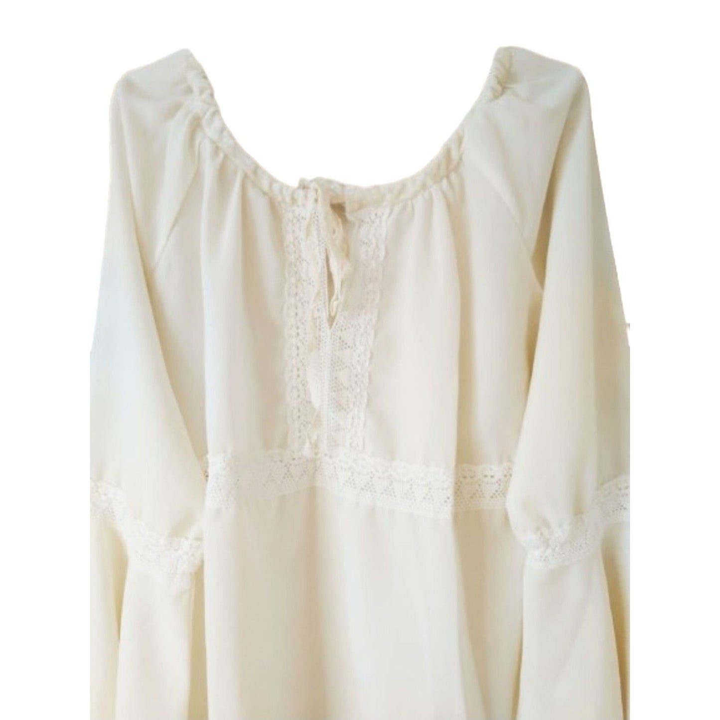 Beige lace crewneck bell long sleeves women's boho blouse top XL