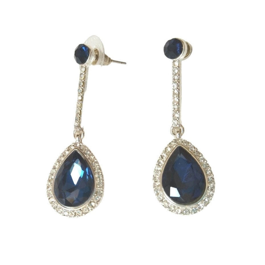 Pear Round Cut Navy Blue & Clear Crystal Dangle Drop Earrings Silver Plated Post