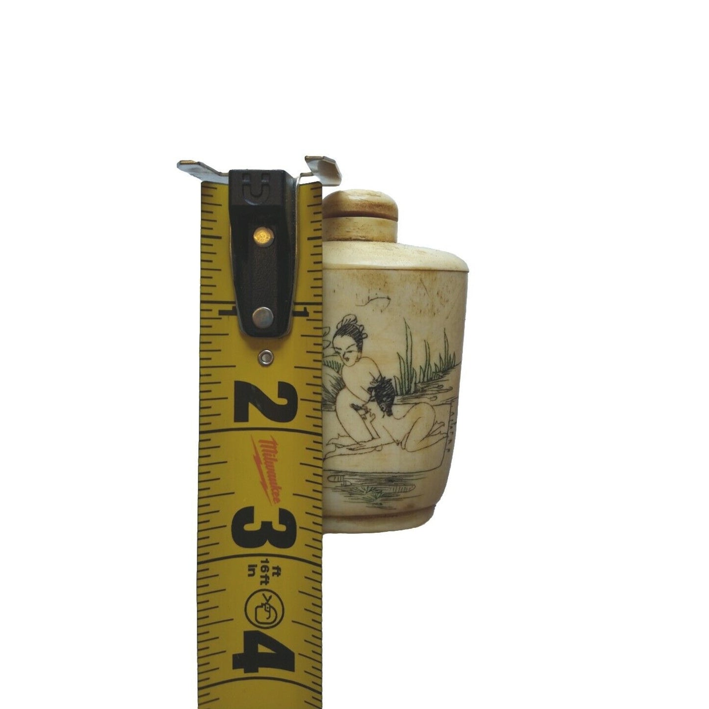 Antique Vintage Chinese Snuff Bottle With Scoop Beige Hand Painted