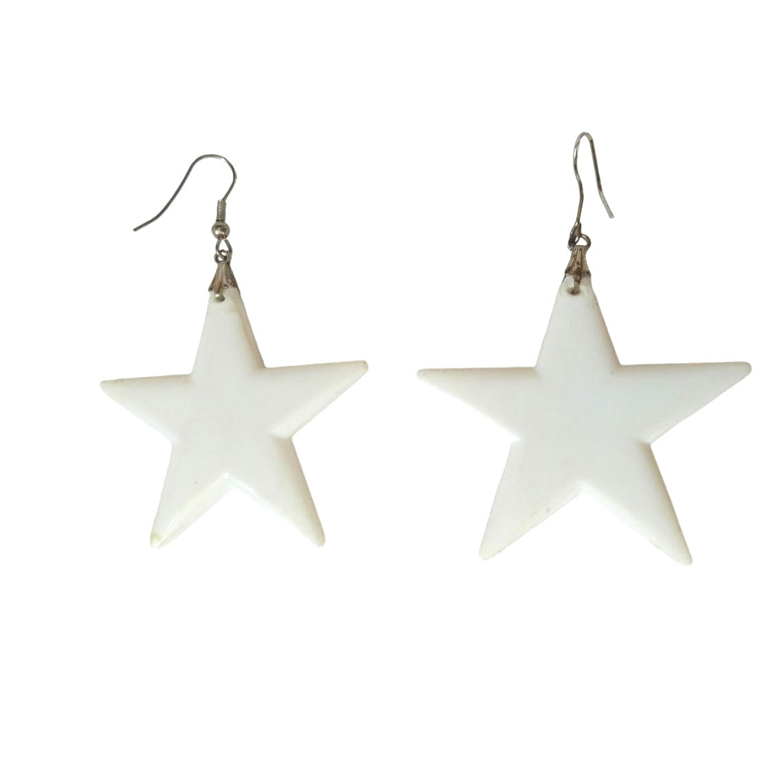 Vintage 80s White Bakelite Stars Star Dangle Statement Earrings Silver Tone Hook
