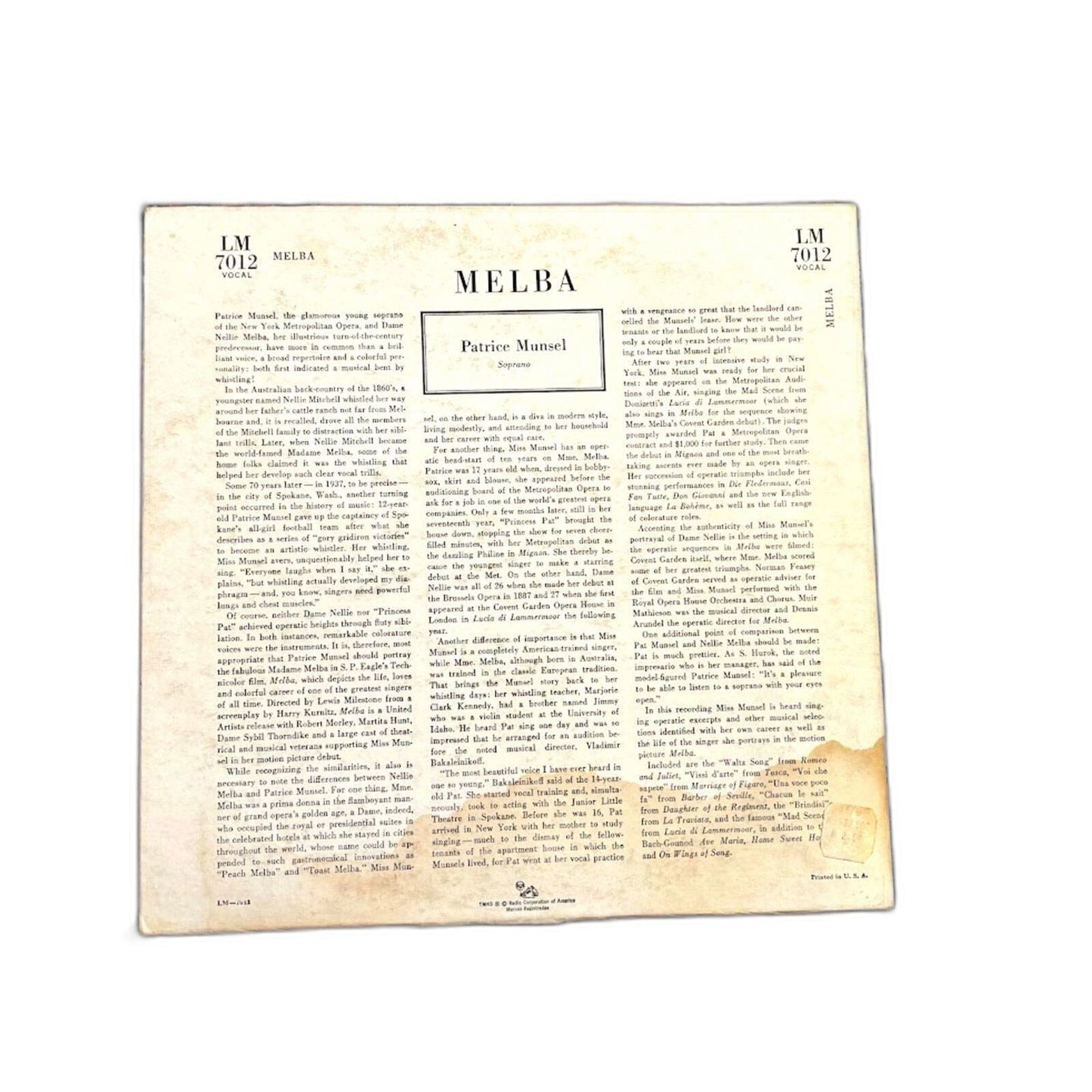 Patrice Munsel Melba Original Soundtrack LP Vinyl RCA LM-7012 10" disc VG+ 1953