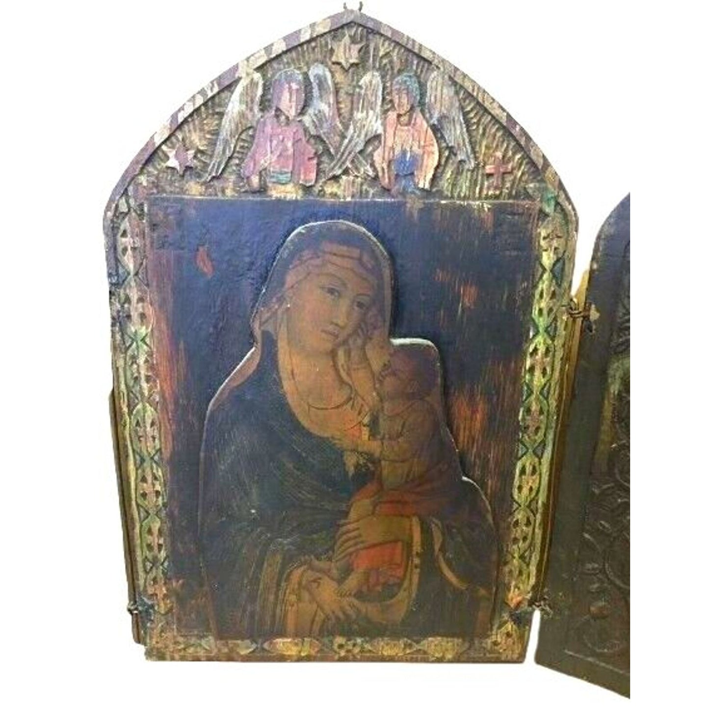 Antique Russian Christian Orthodox Triptych Icon Mother Virgin Madonna Jesus
