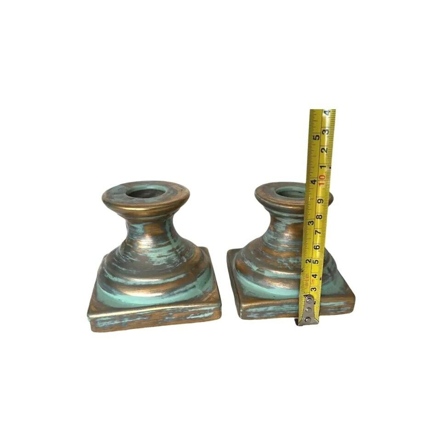Set of 2 Vintage Square Small Ceramics Bisque Candlesticks Candleholders Green