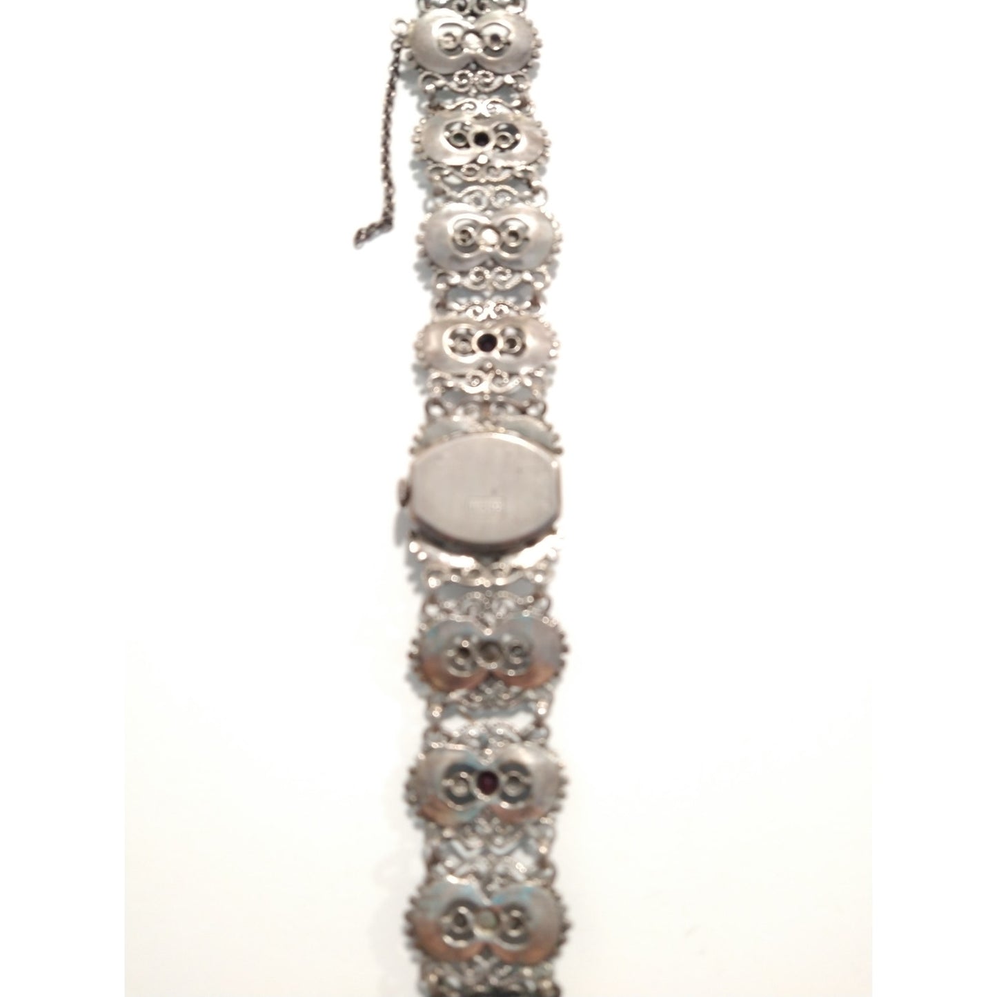 Antique Women`s Wrist Watch Bergland Filigree Sterling Silver Pearls Garnets