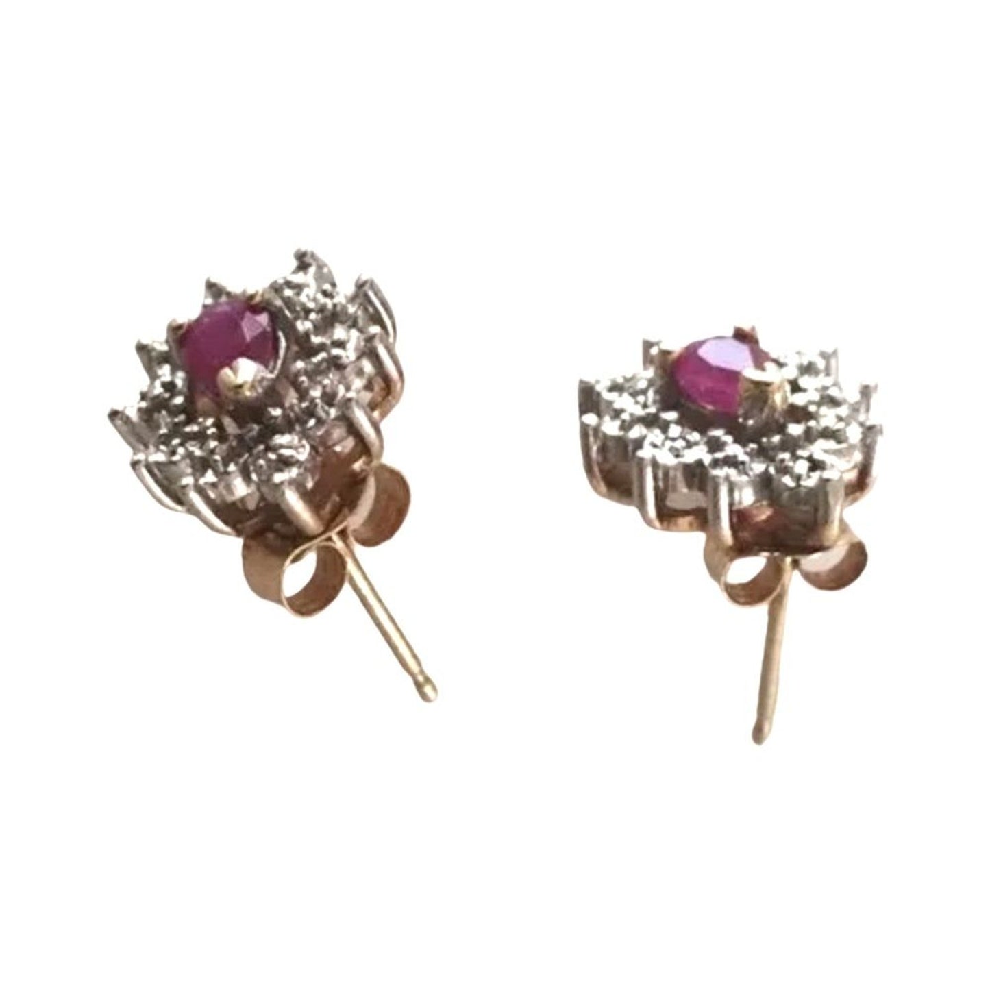 10K White Yellow Gold Genuine Ruby & Diamond Stud Earrings Screw Back Vintage