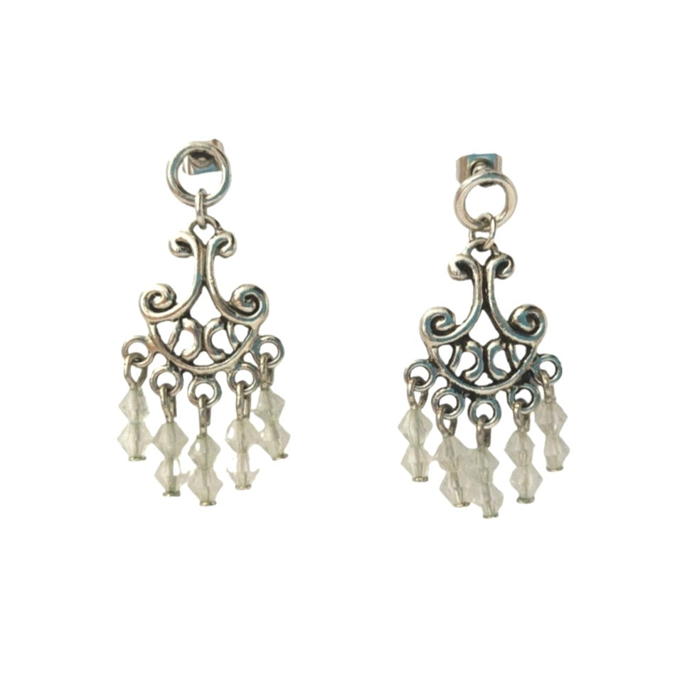 Vintage White Beads Chandelier Dangle Earrings Silver Tone Post Screw