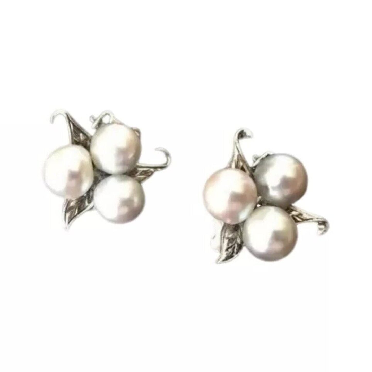 Antique Natural 3 Pearls Stud Earrings Sterling Silver 925 Clip On Designer
