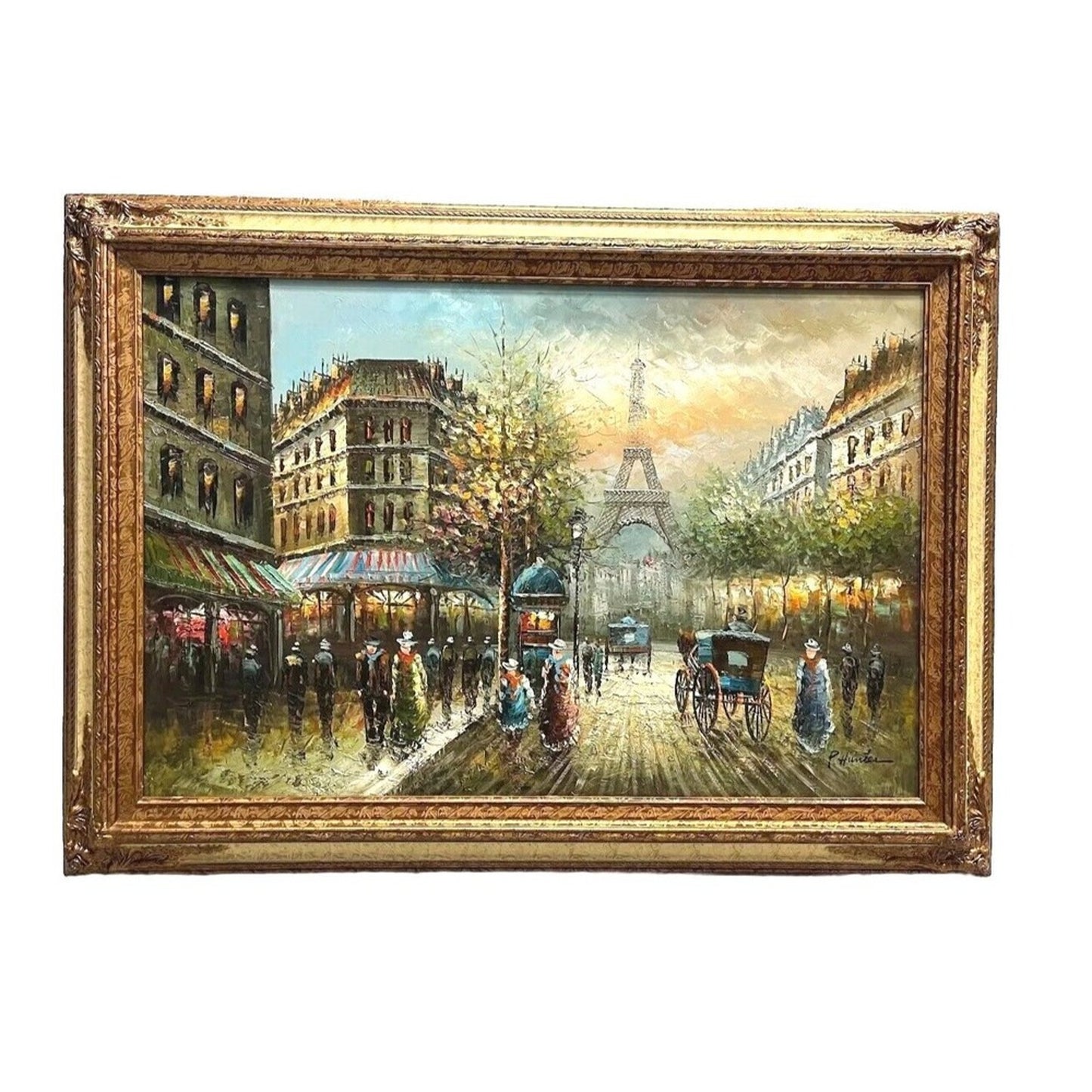 P. Hunter Paris Eiffel Tower Oil on Canvas Large Wood Frame 36in x 24 in