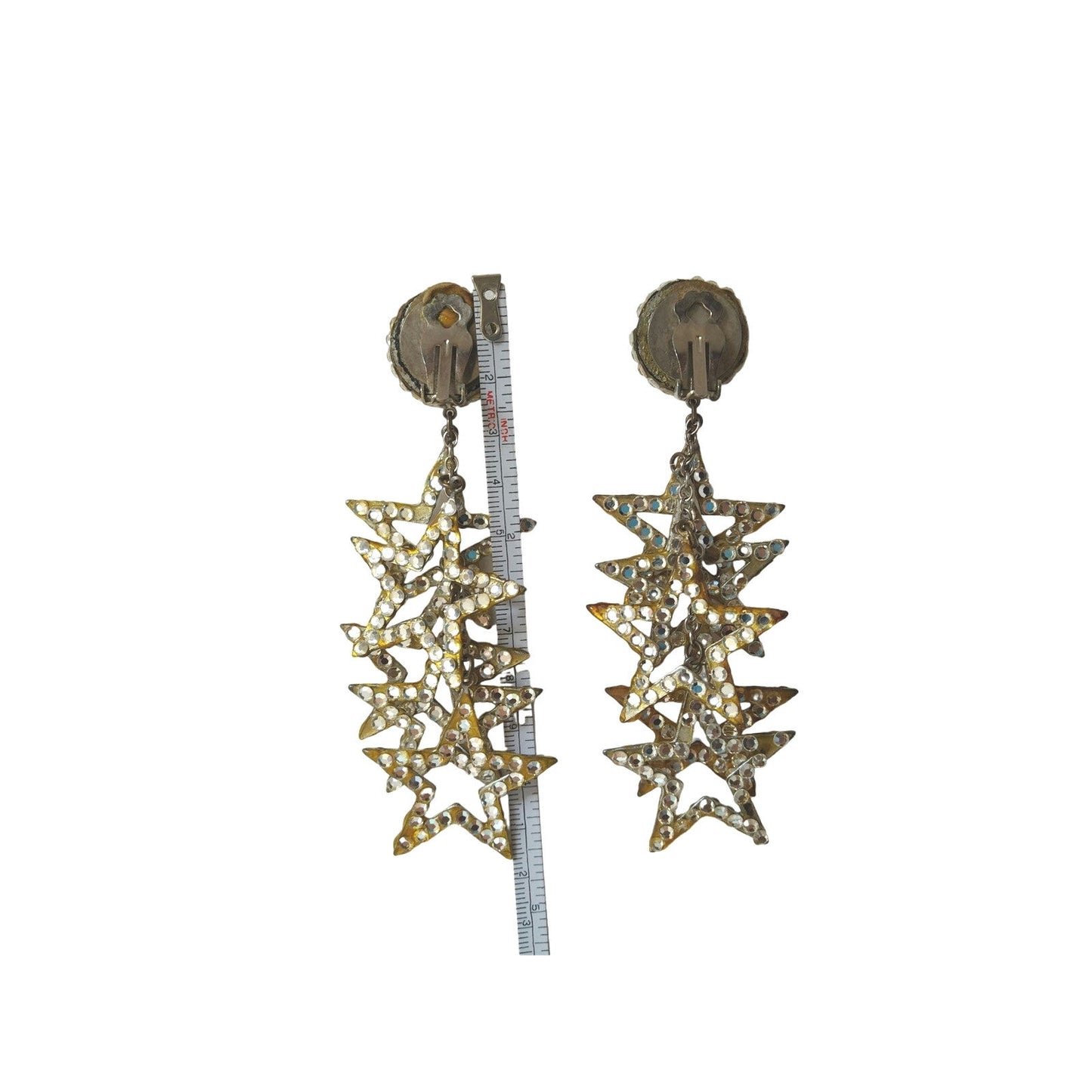 Vintage Silver Paved Crystal Sparkling Stars Dangle Earrings Oversized Clip On