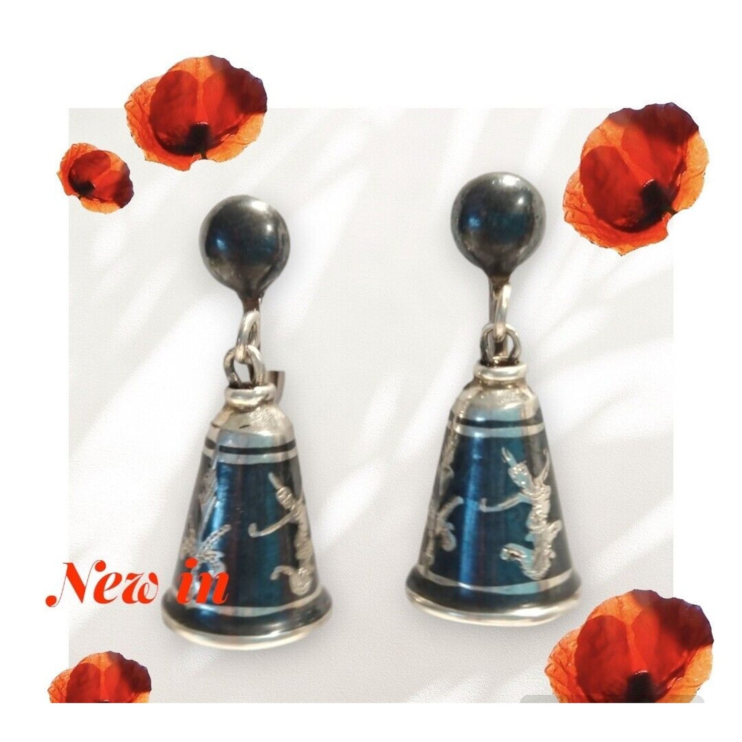925 Sterling Silver Vintage Siam Niello Hindu Goddess Bell Screw Back Earrings