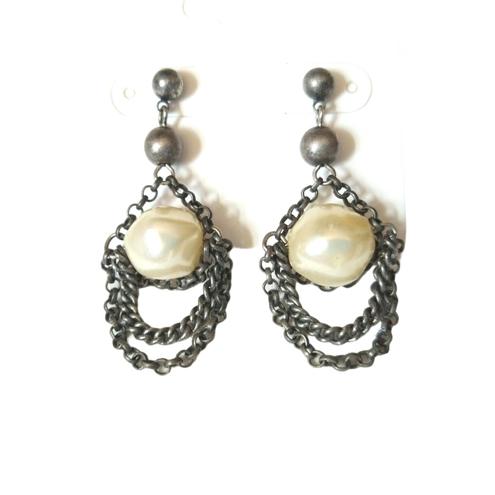 Vintage Punk Faux Pearls In Chains Dangle Earrings Posts