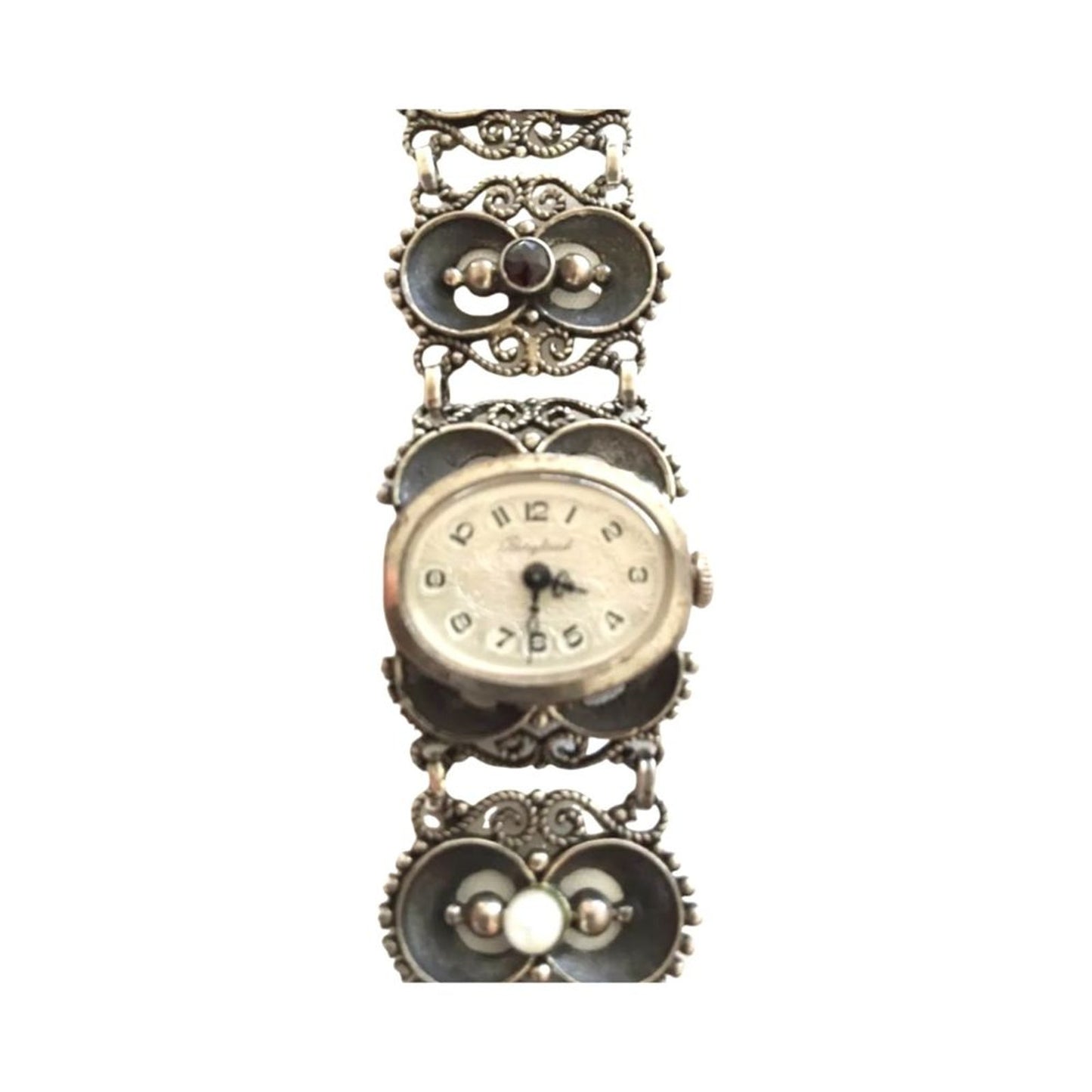 Antique Women`s Wrist Watch Bergland Filigree Sterling Silver Pearls Garnets