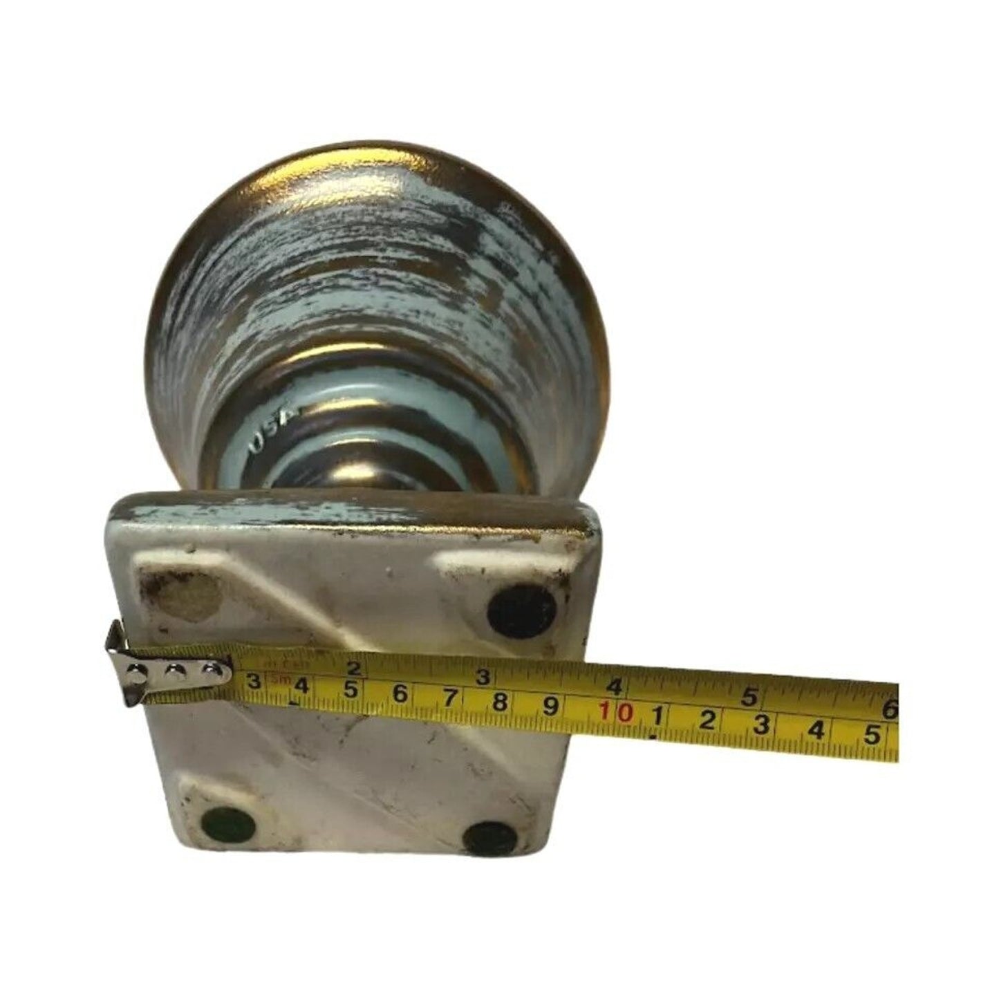 Vintage MCM Round Vase USA Turquoise Aqua Green Brushed w Gold On Pedestal