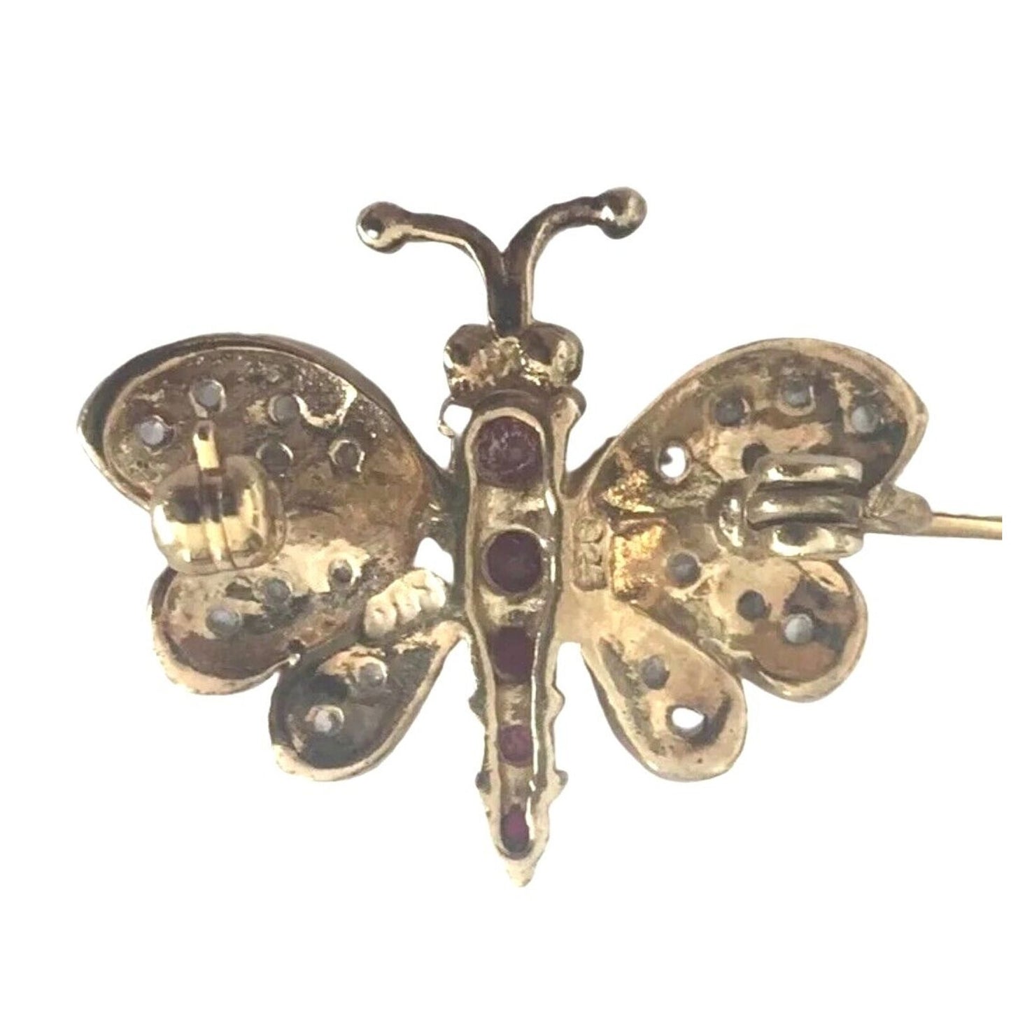 Brooch Pin Vintage Butterfly Ruby & Crystals, Vermeil Gold over Sterling Silver