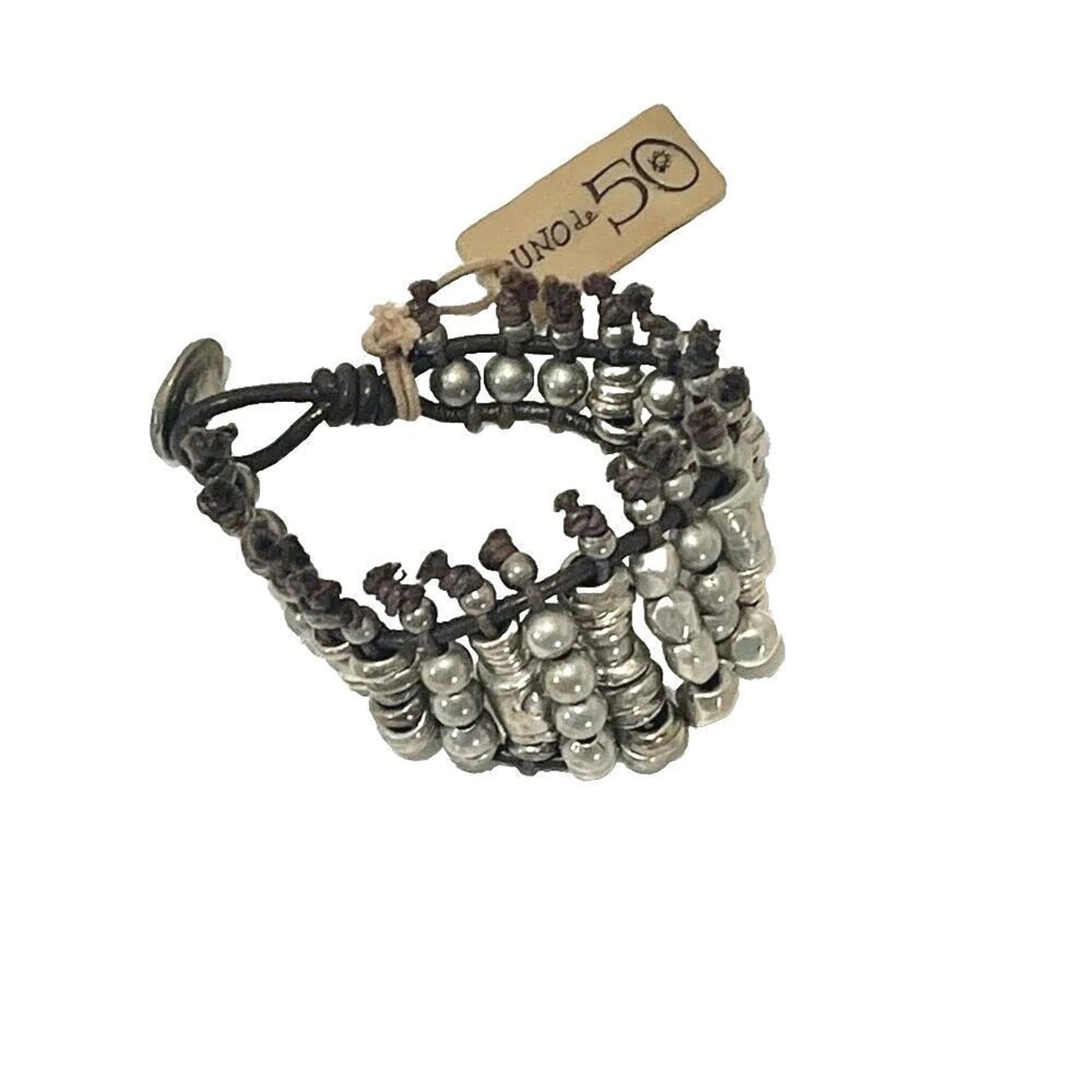 Uno De 50 Bracelet Beaded Silver Brown Leather Wide Unisex Men's Women's Spain