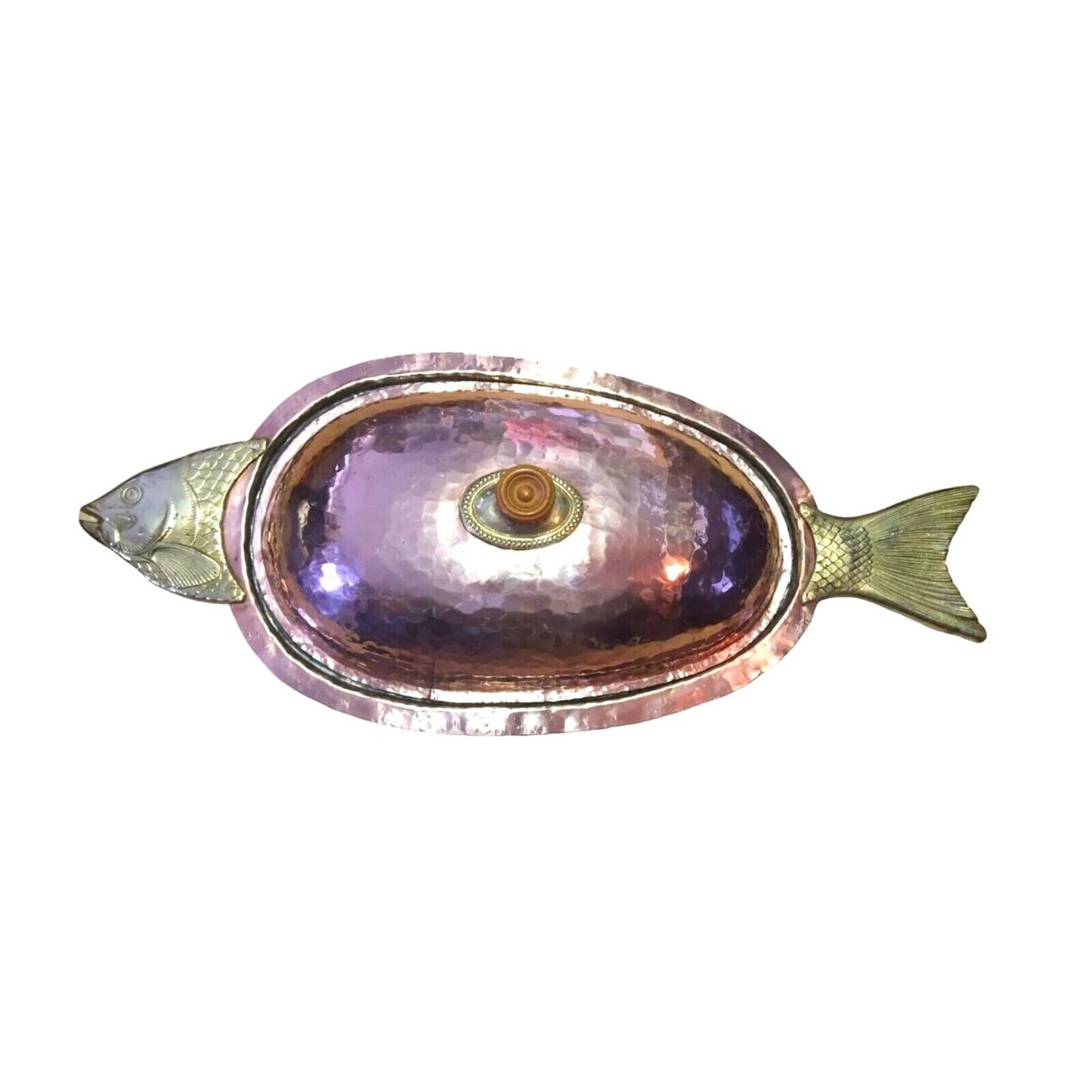 Antique Serving Dish Platter Cooking Lid Fish Seafood Oval Hammered Copper Brass