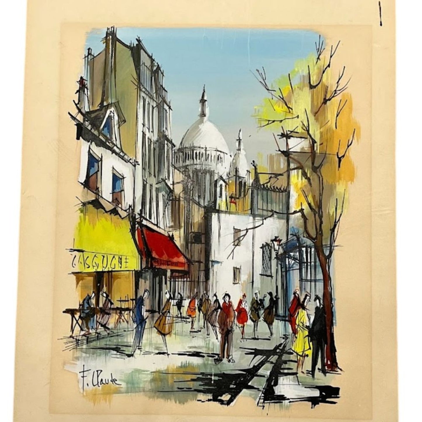 Original Watercolor by F Claude Sacre Coeur and Paris Street Scene Antique