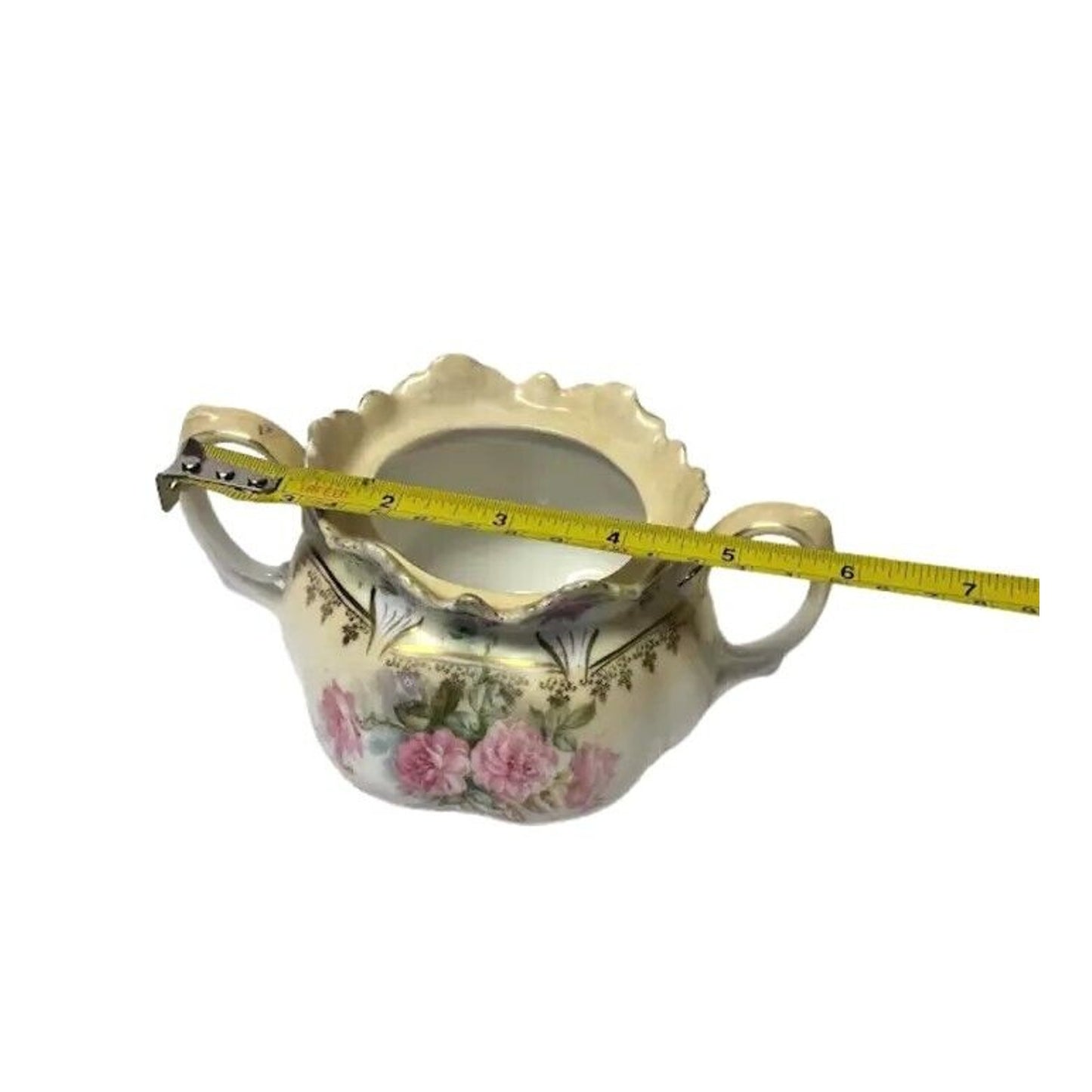 Antique RS Prussia Creamer Porcelain Two Handles Mold 506 Pink Roses C. 1890