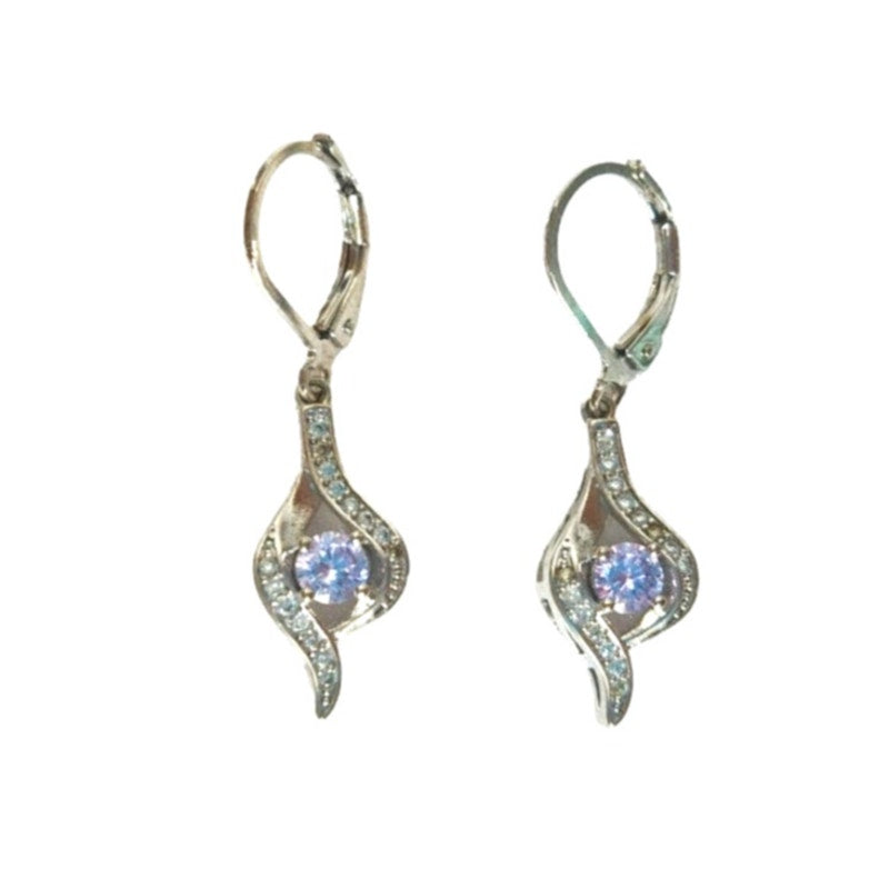 Round Cut Amethyst Cubic Zirconia Dangle Earrings Sterling Silver 925 Lever Back