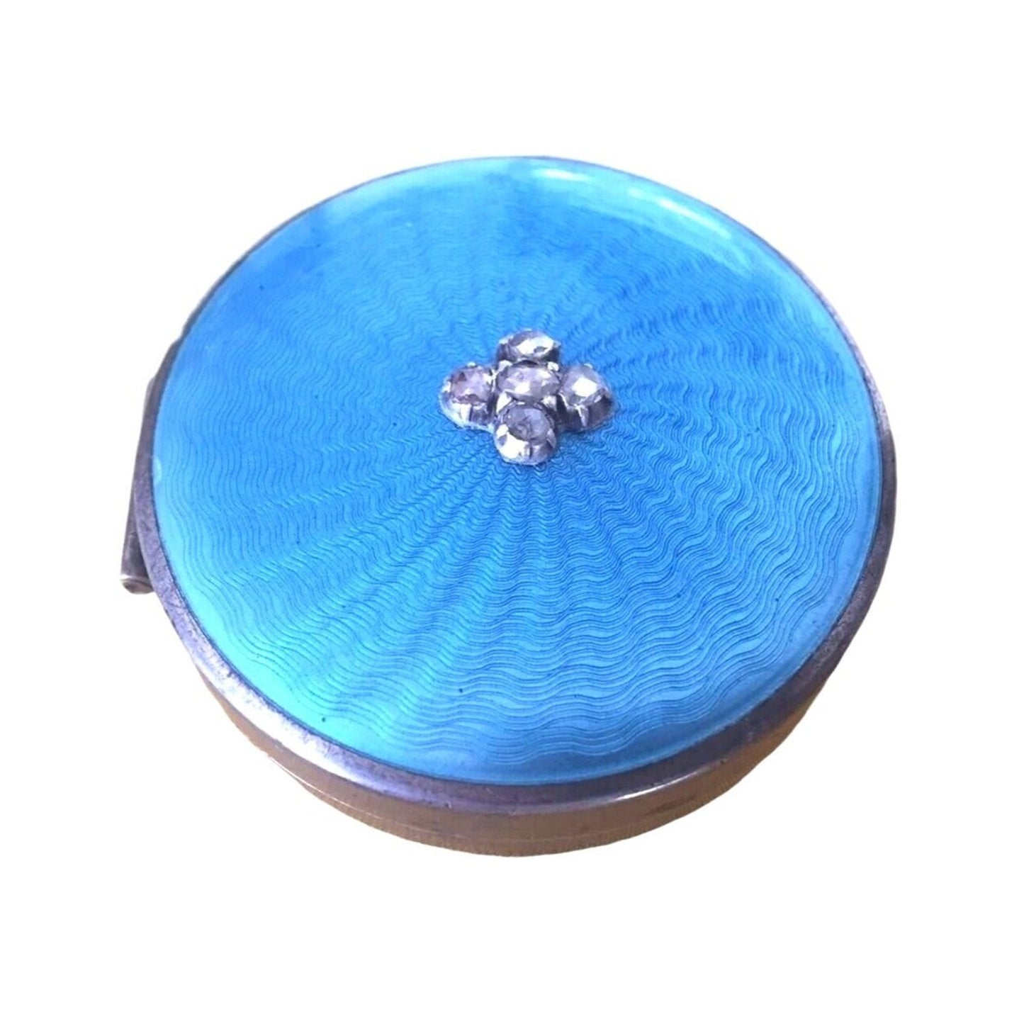 Fabergé Russian Blue Guilloché Antique Pill Jewelry Box Rose Cut Diamonds Silver