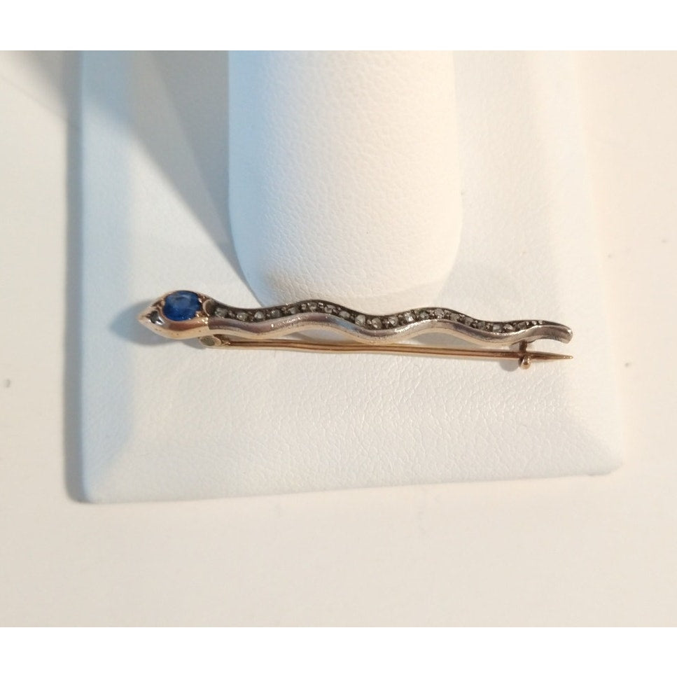 Antique Snake Brooch Pin Round Cut Blue Sapphire Diamonds 14K White/Yellow Gold