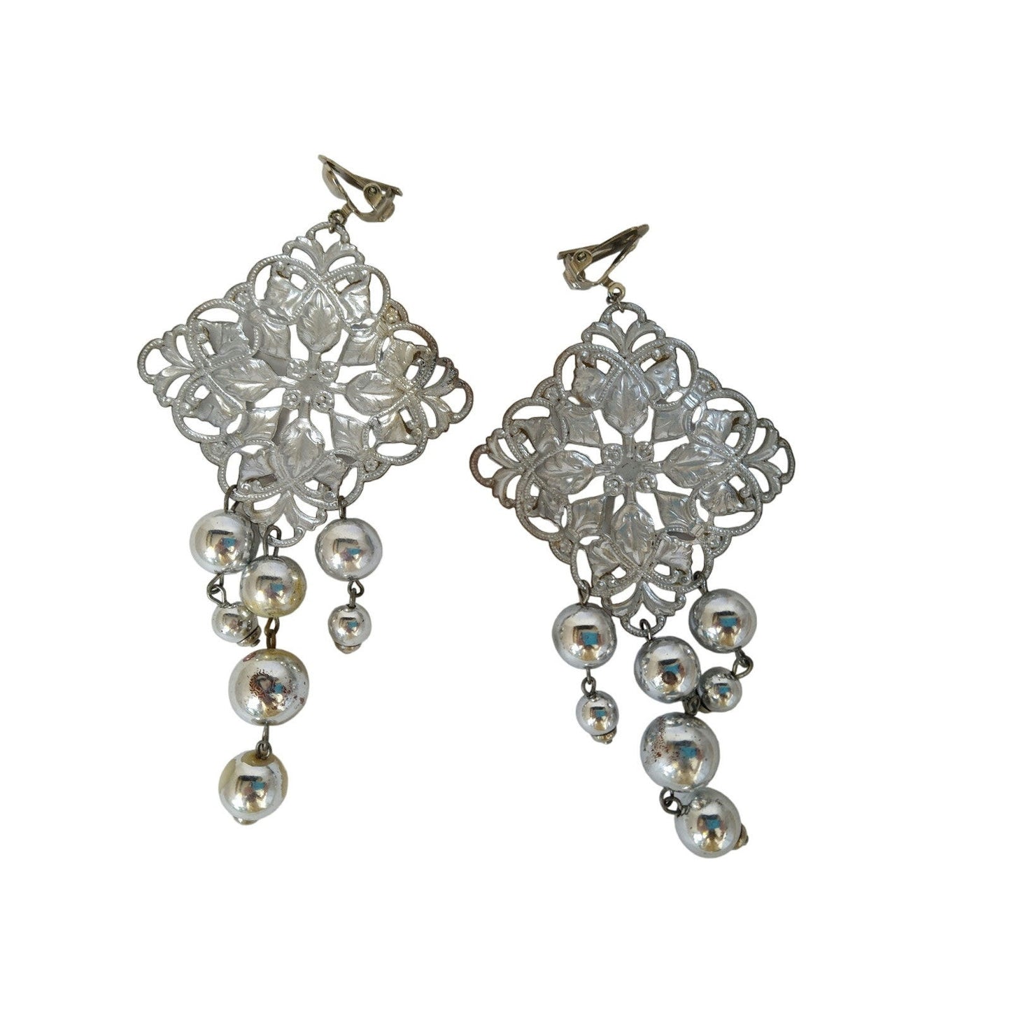 Vintage Women's Chandelier Earrings Silver Tone Clip On Geometrical
