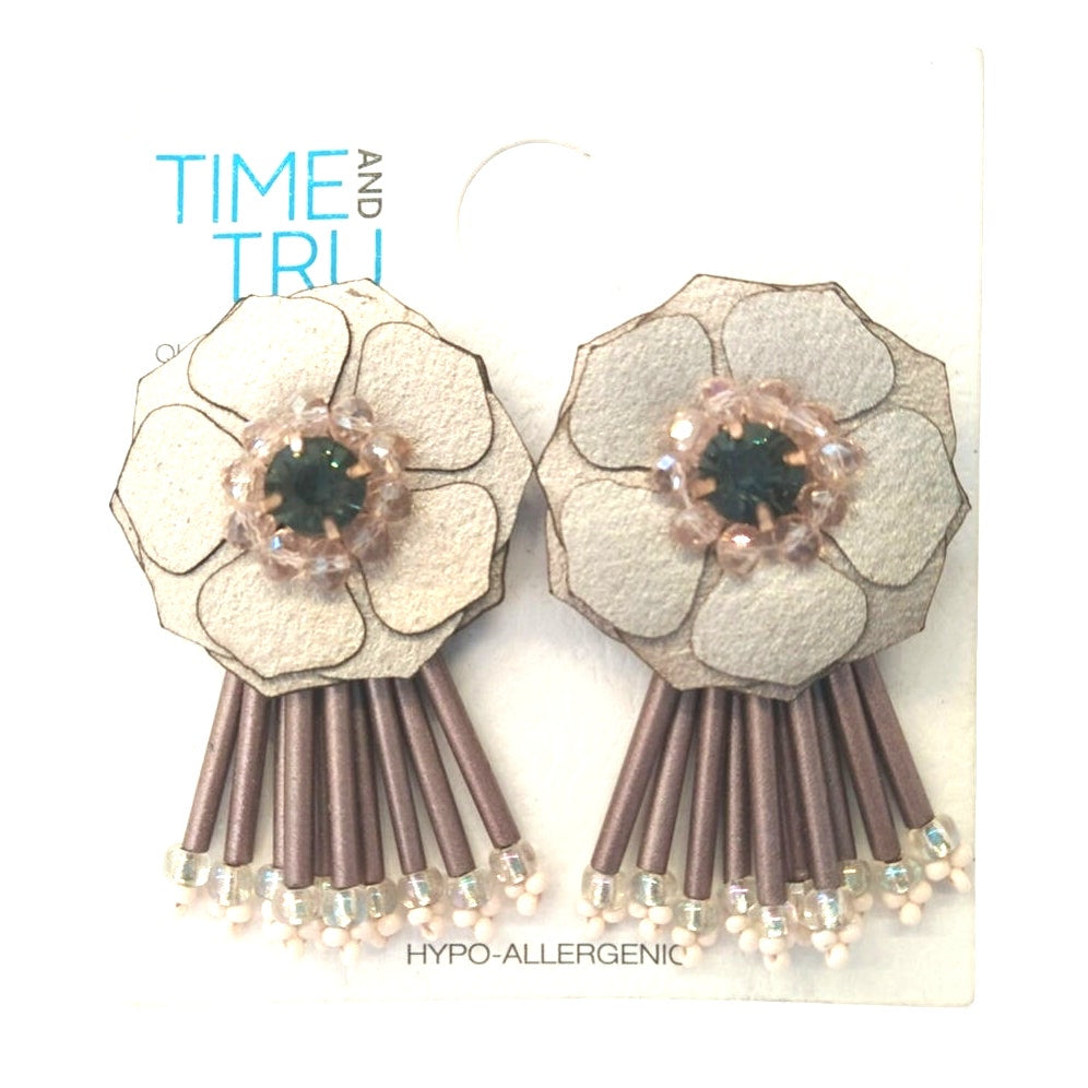 Vintage Floral Coquette Beaded Dangle Earrings Tan Cream Post Screw Back