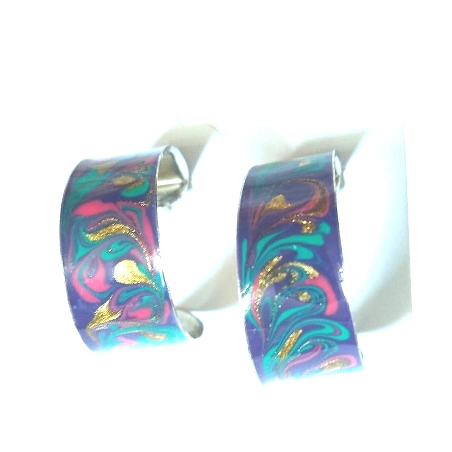 Vintage 80s Swirl Enamel C Hoop Earrings Half Hoops Studs Purple Green Gold