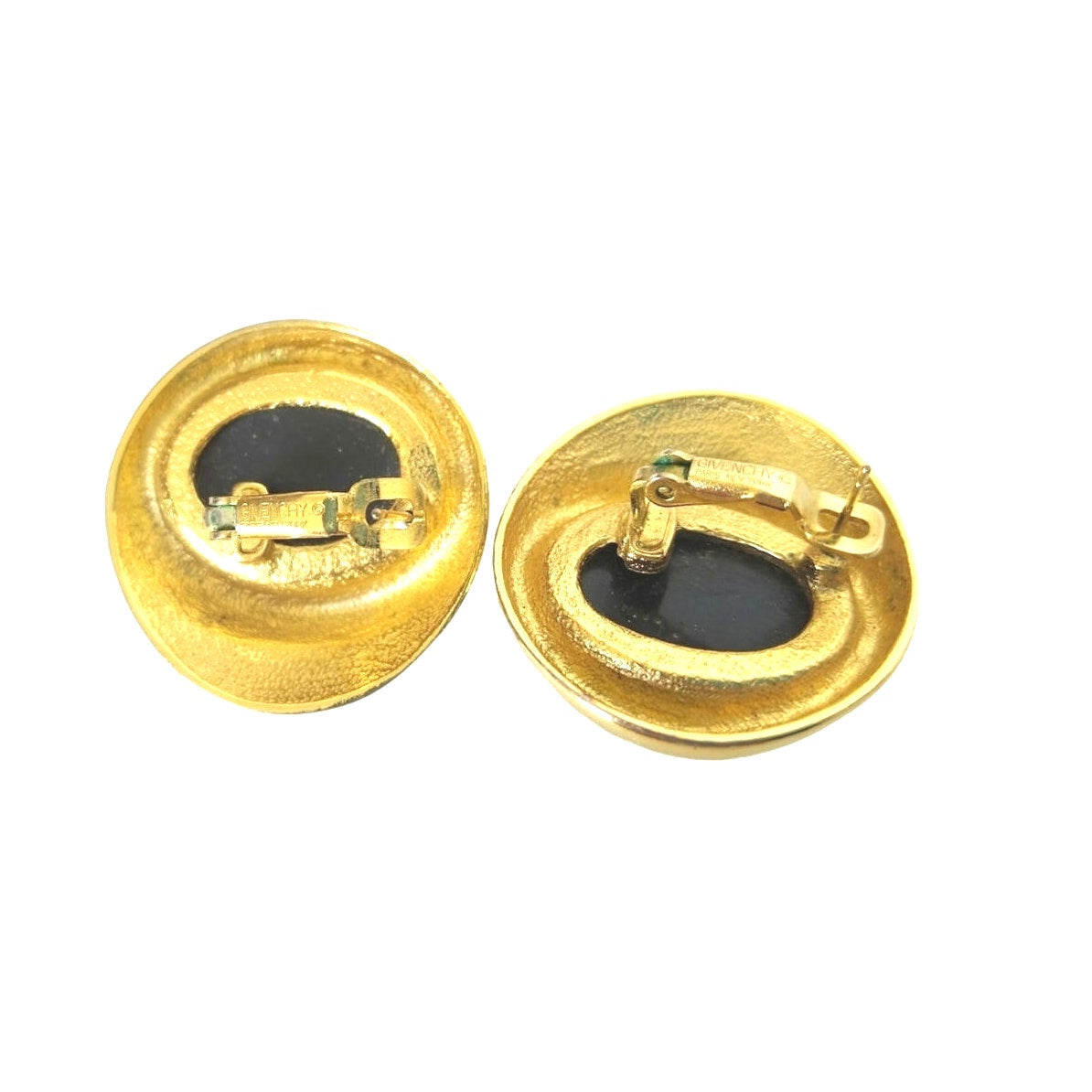 Vintage Givenchy Cabochon Oval Black Onyx Stud Earrings Yellow Gold Plated Clip