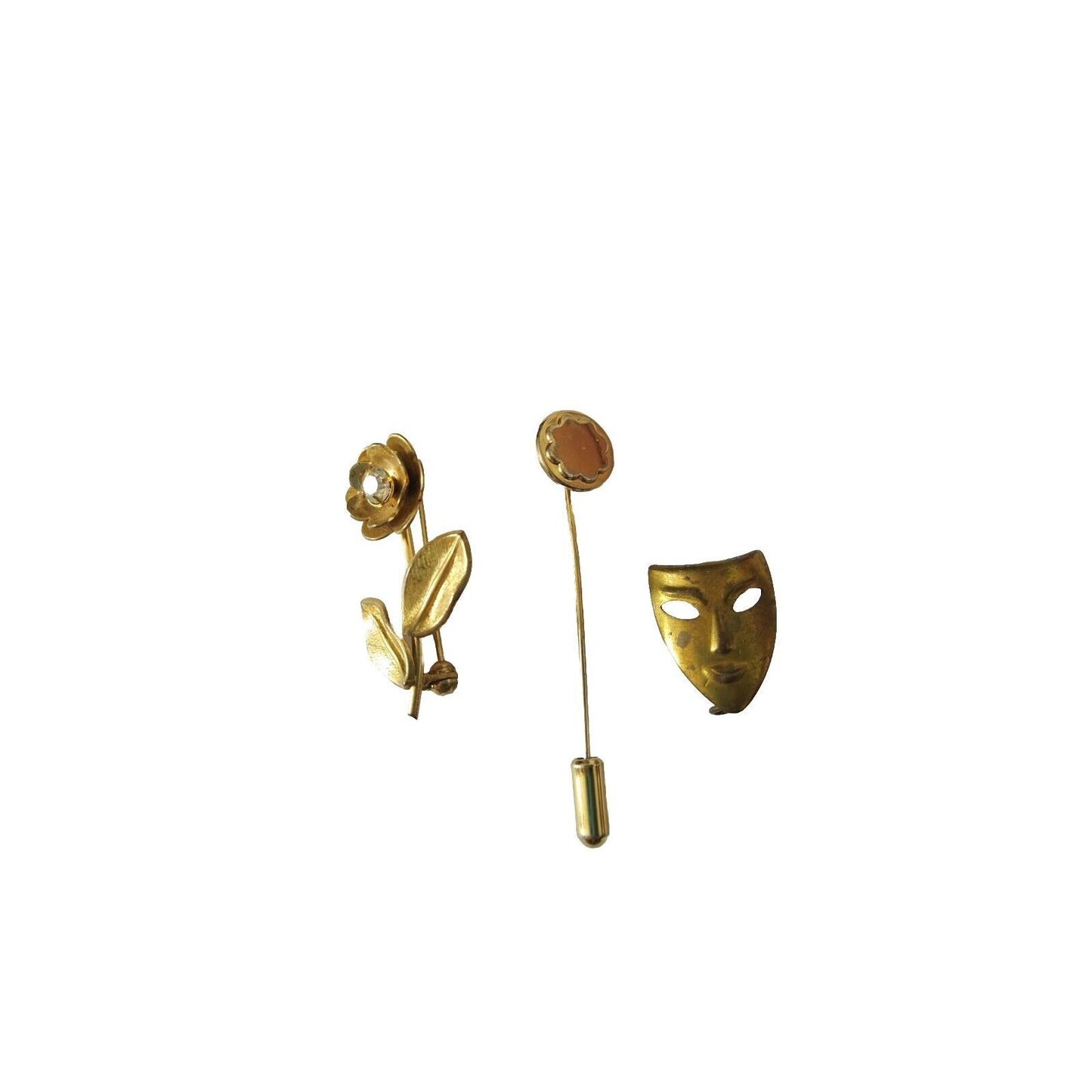 Lot Of 3 Antique Women's Brooch Lapel Pins Gold Tone Flower Mask Estate Jewelry