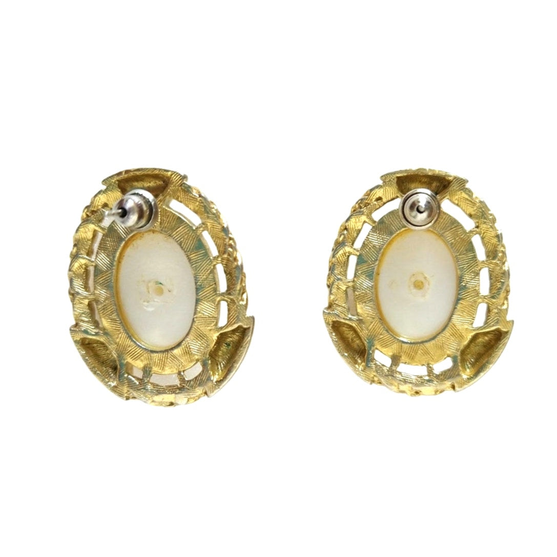 Vintage Oval Cabochon Faux Pearl Art Nouveau Stud Earrings Gold Plated Post