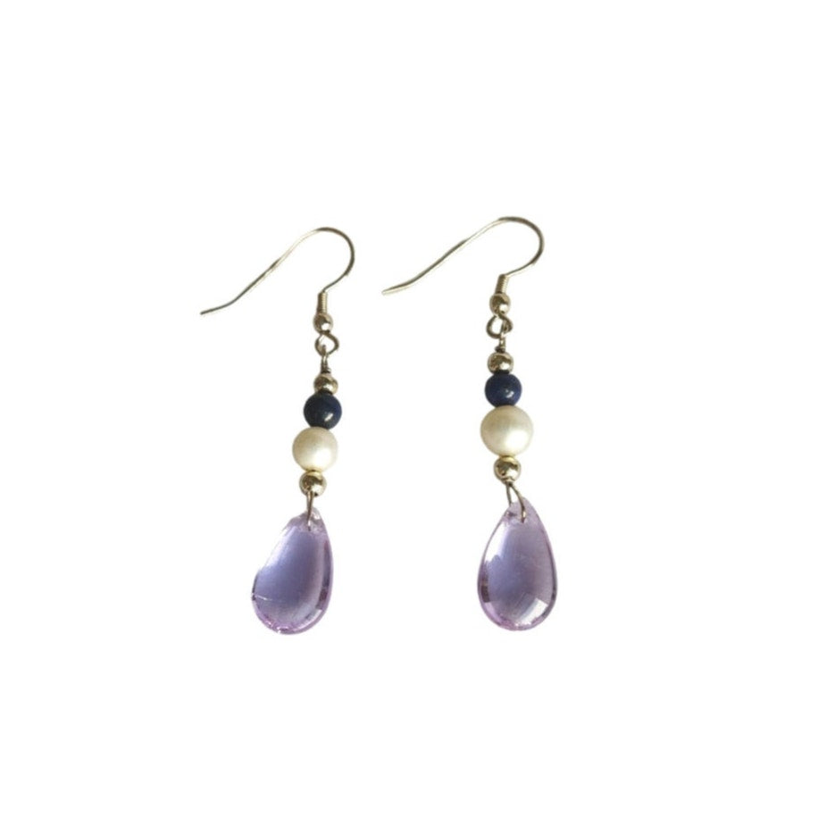 Amethyst, Natural Pearl & Lapis Lazuli Dangle Earrings Sterling Silver 925 Hook
