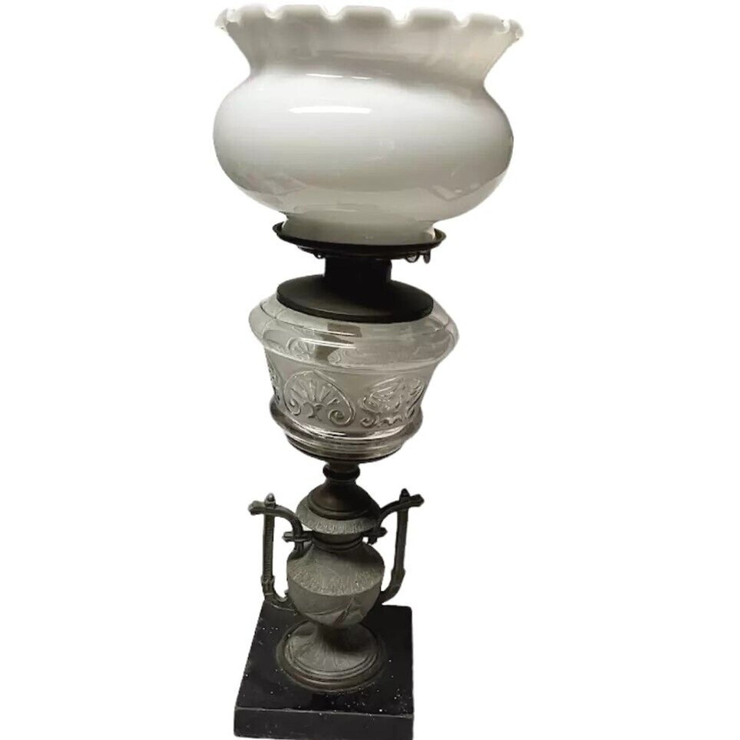 Antique Old Kerosene Oil Table Lamp Milk Glass Etched Glass