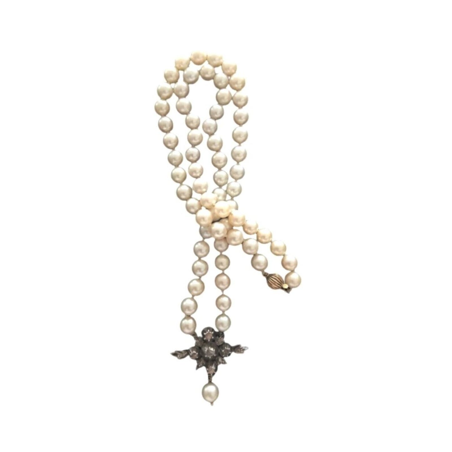Antique Natural Pearl Necklace Rose Cut Diamonds 14K Gold Silver Victorian 1880s