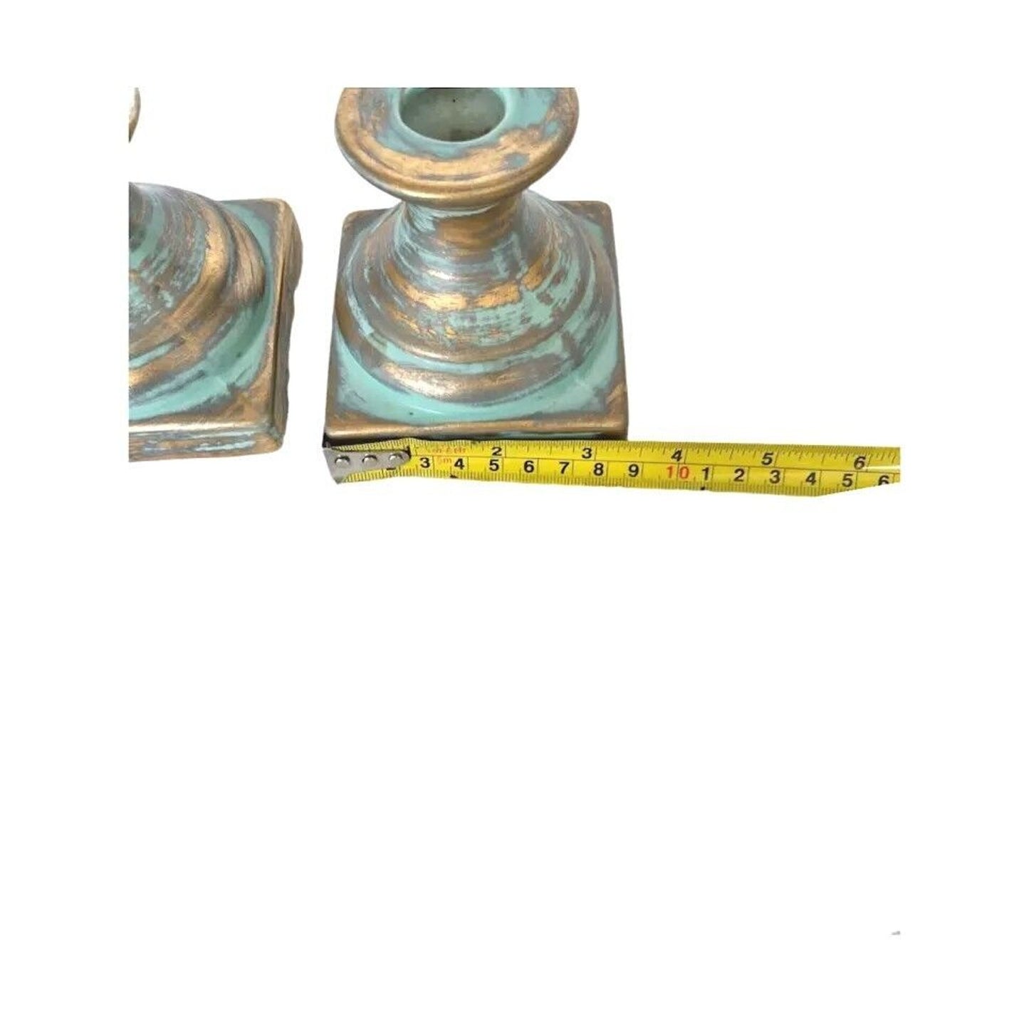 Set of 2 Vintage Square Small Ceramics Bisque Candlesticks Candleholders Green
