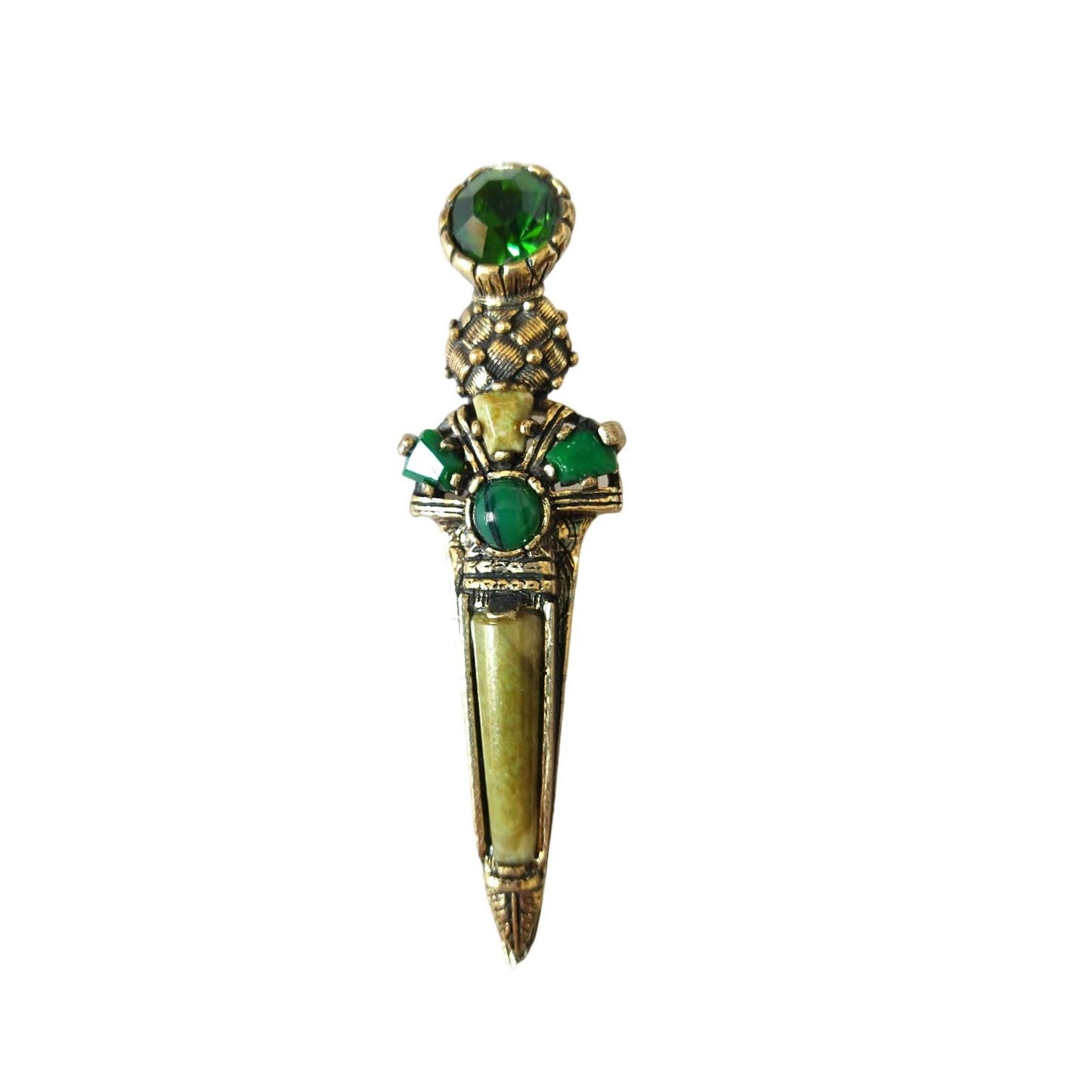 Vintage Women's Brooch Lapel Pin Sword Shape Green Jewels Gold Tone Fashion Jewelry