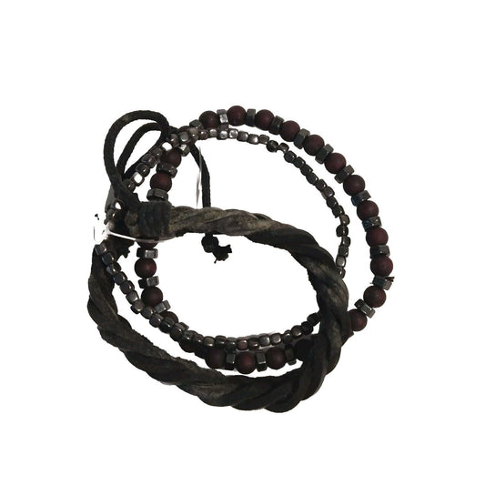 3 PCs Beaded Bracelet Hematite Cherry Wood & Black Leather Multilayer