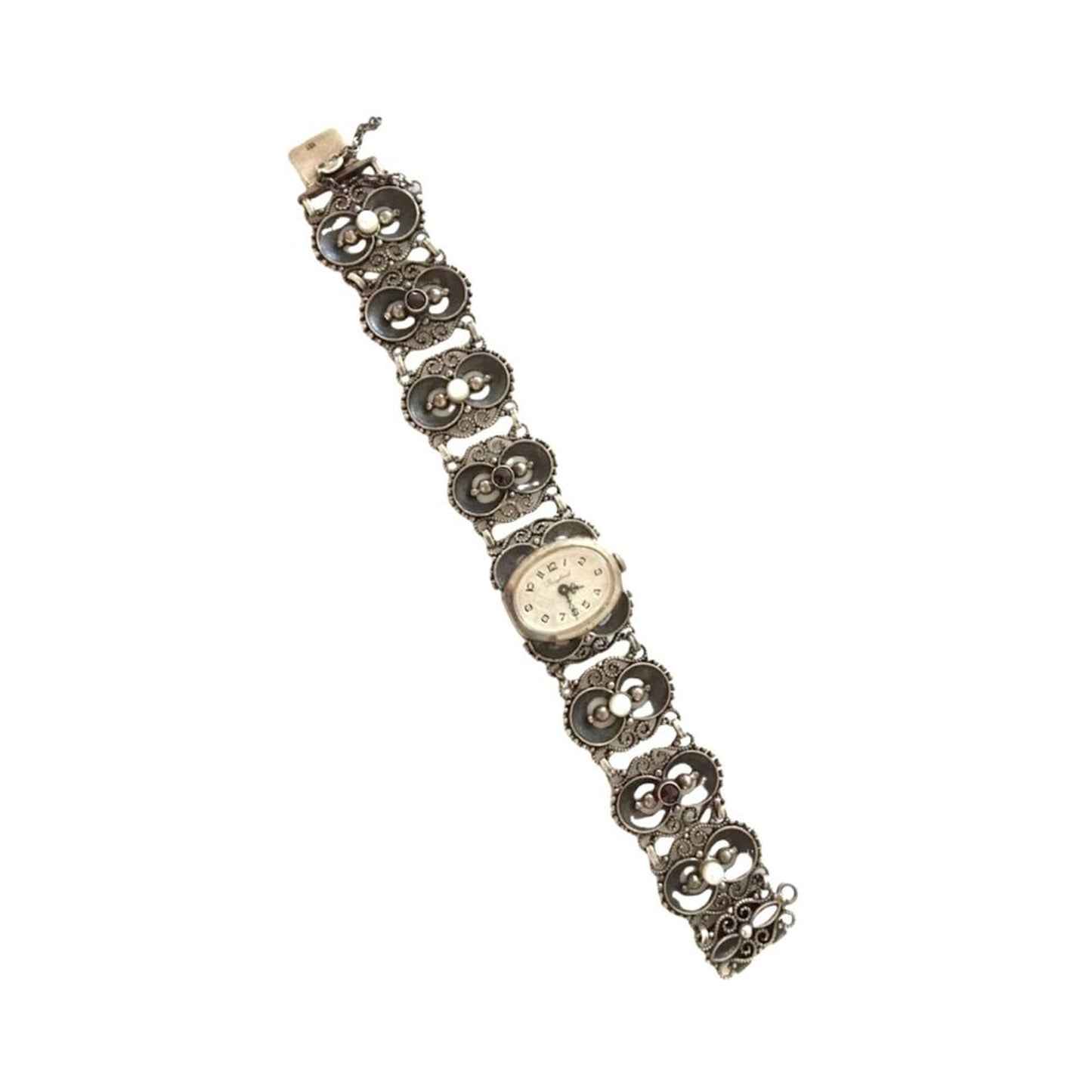 Antique Women`s Wrist Watch Bergland Filigree Sterling Silver Pearls Garnets